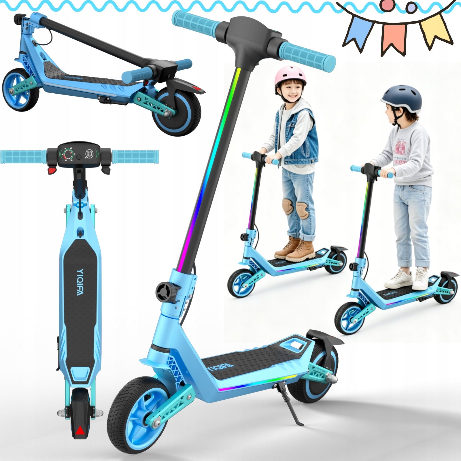 Electric scooter blue LED folding 2 wheels 130 W 16 km/h