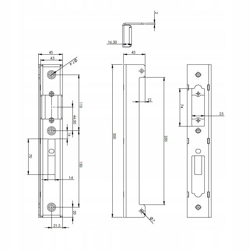 Electric strike cassette for wicket | 45 x 16,5 x 300 mm | Anthracite | Narrow Brand Najdek