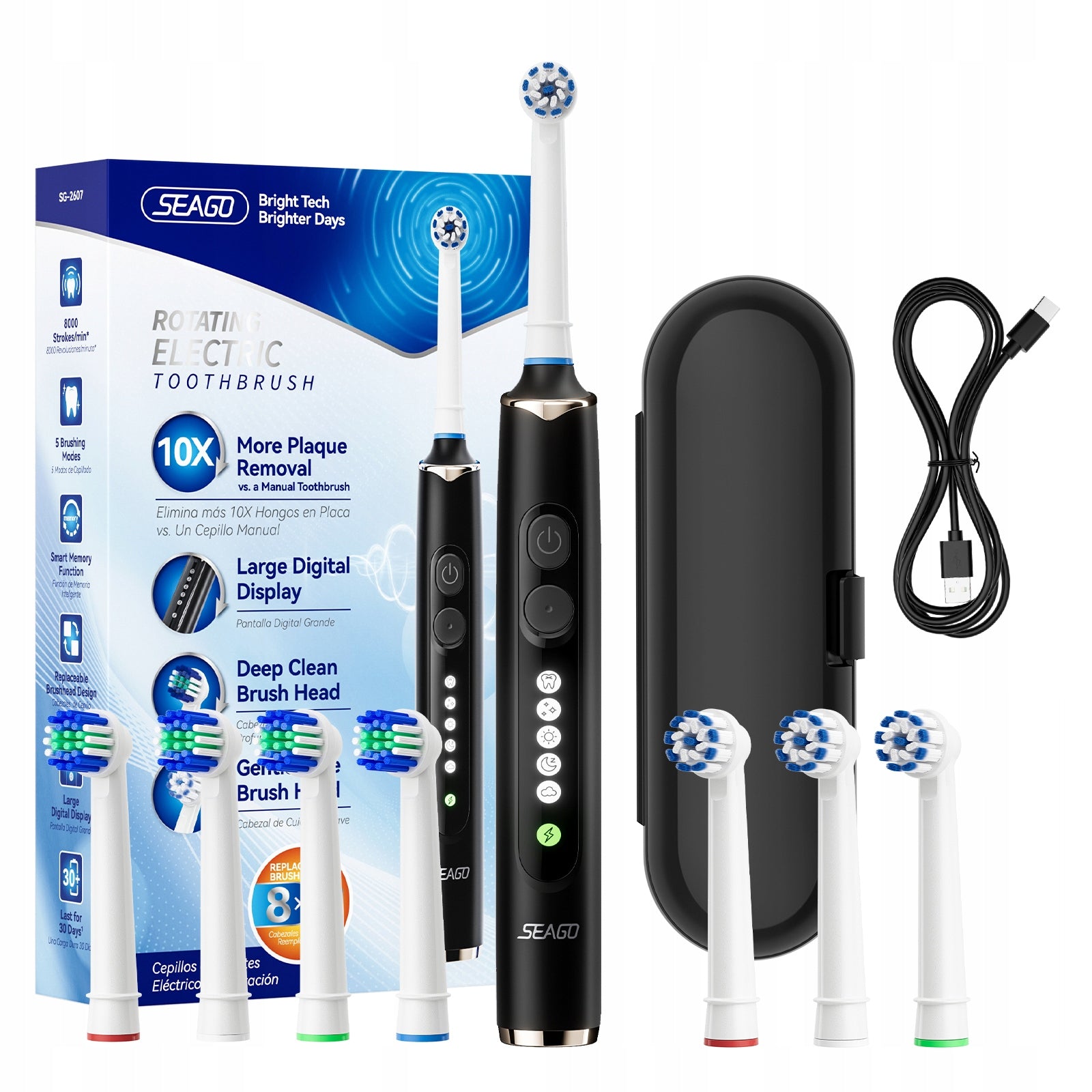 Electric toothbrush Seago SG-2607 with case and 8 tips black