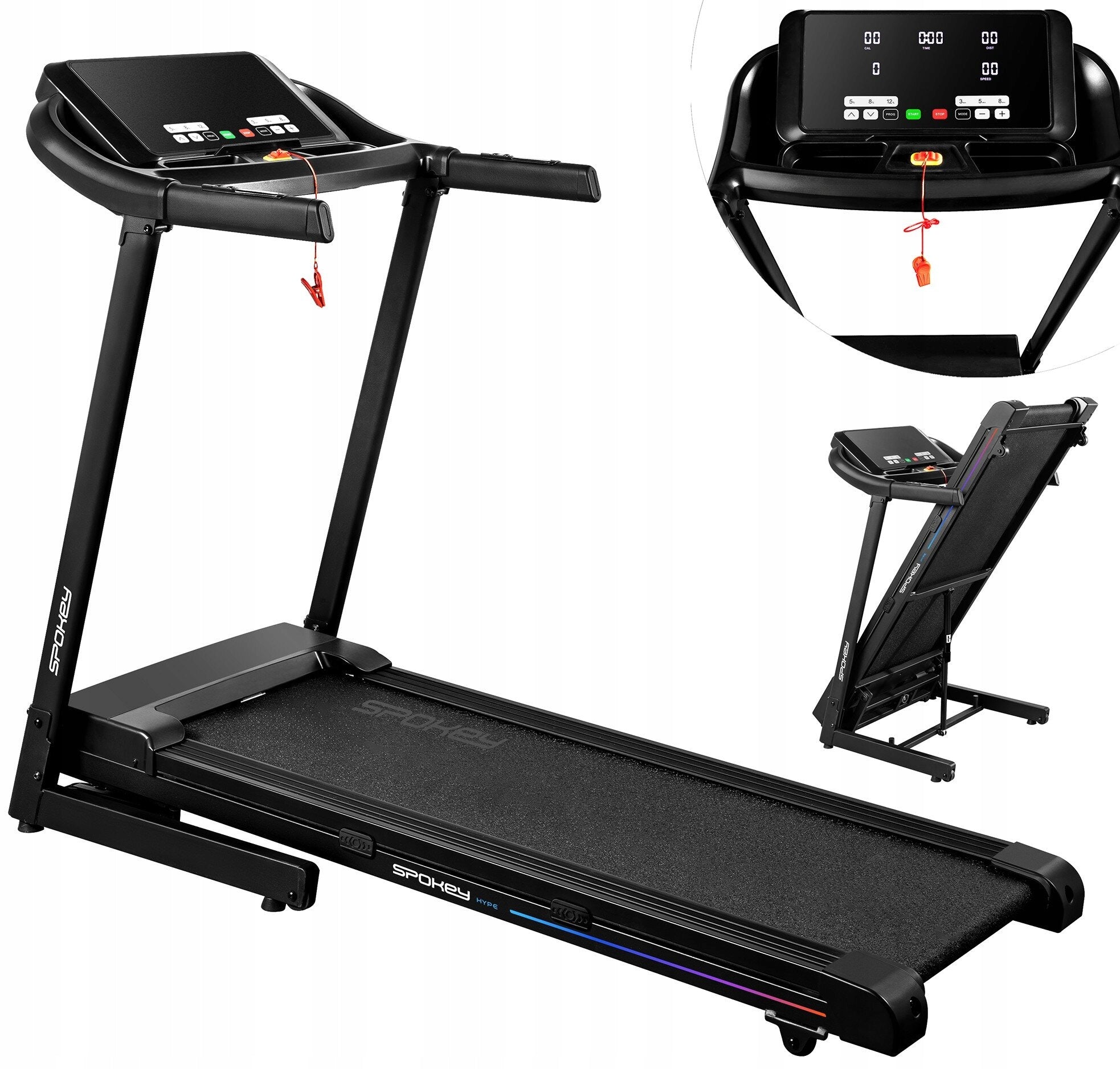 Electric treadmill SPOKEY Hype 1305W 14km/h Additional features Bluetooth foldable display transport wheels place for water bottle place for mobile phone/tablet safety key tilt angle adjustment mobile device compatibility training programs