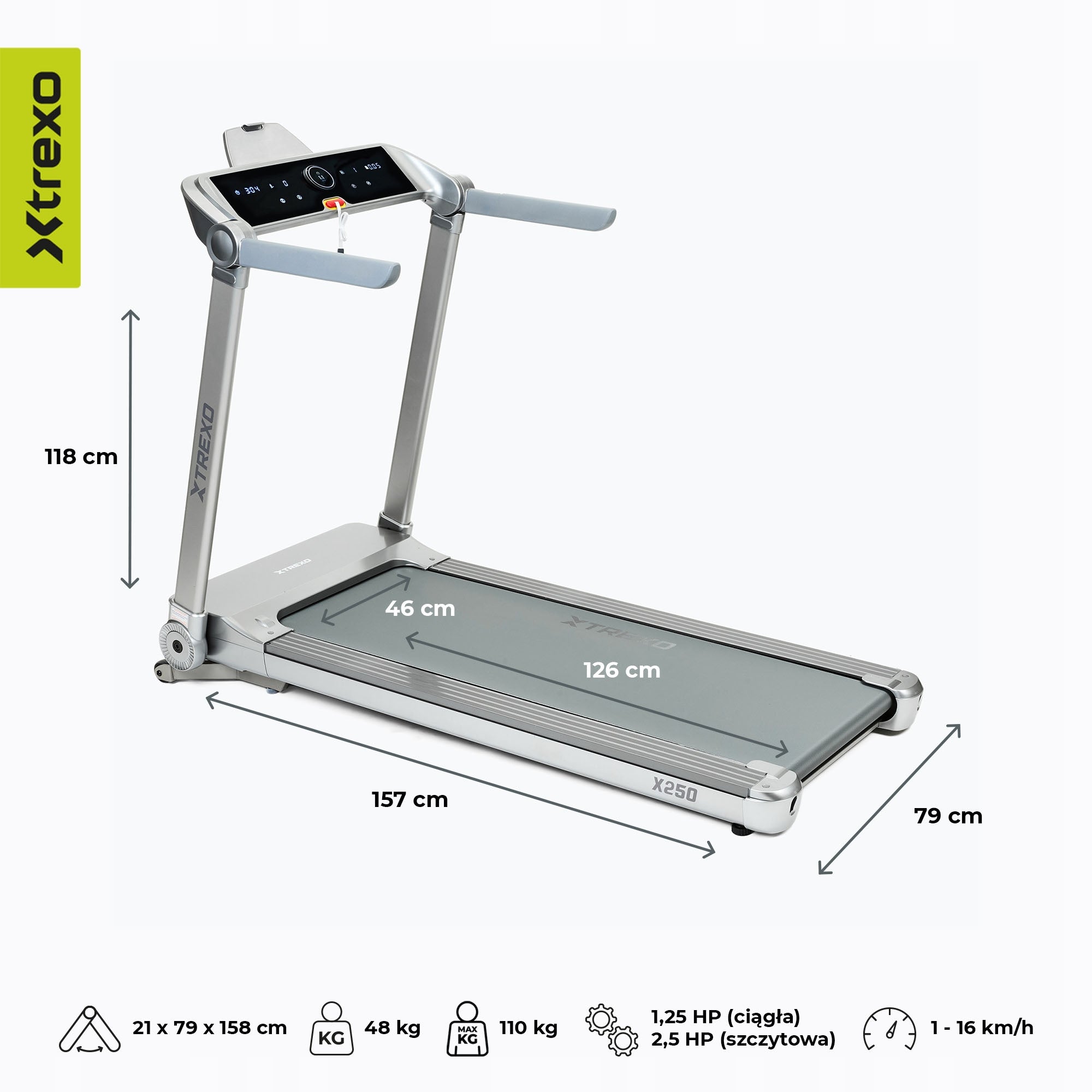 Electric treadmill XTREXO TXO-X250-S FOLDING ANGLE ADJUSTMENT 1-16 km/h Manufacturer code TXO-X250-S TXO-B4W013-S