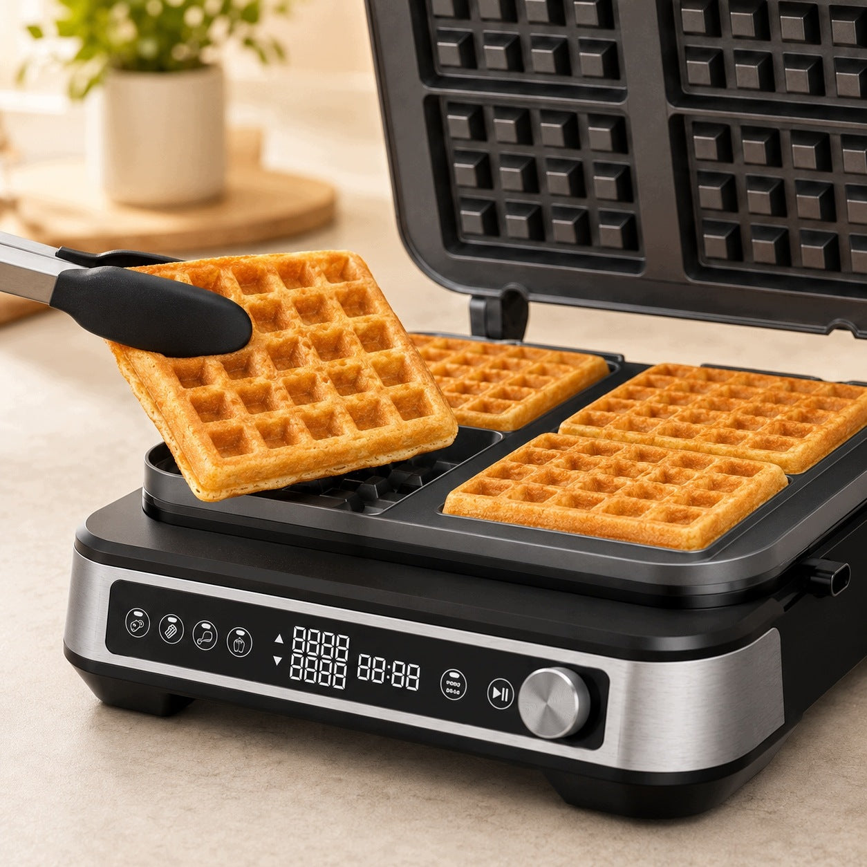 Electric waffle maker 2000W 4 waffles 2x temp adjustment up down TIMER PRO Brand TurboTronic