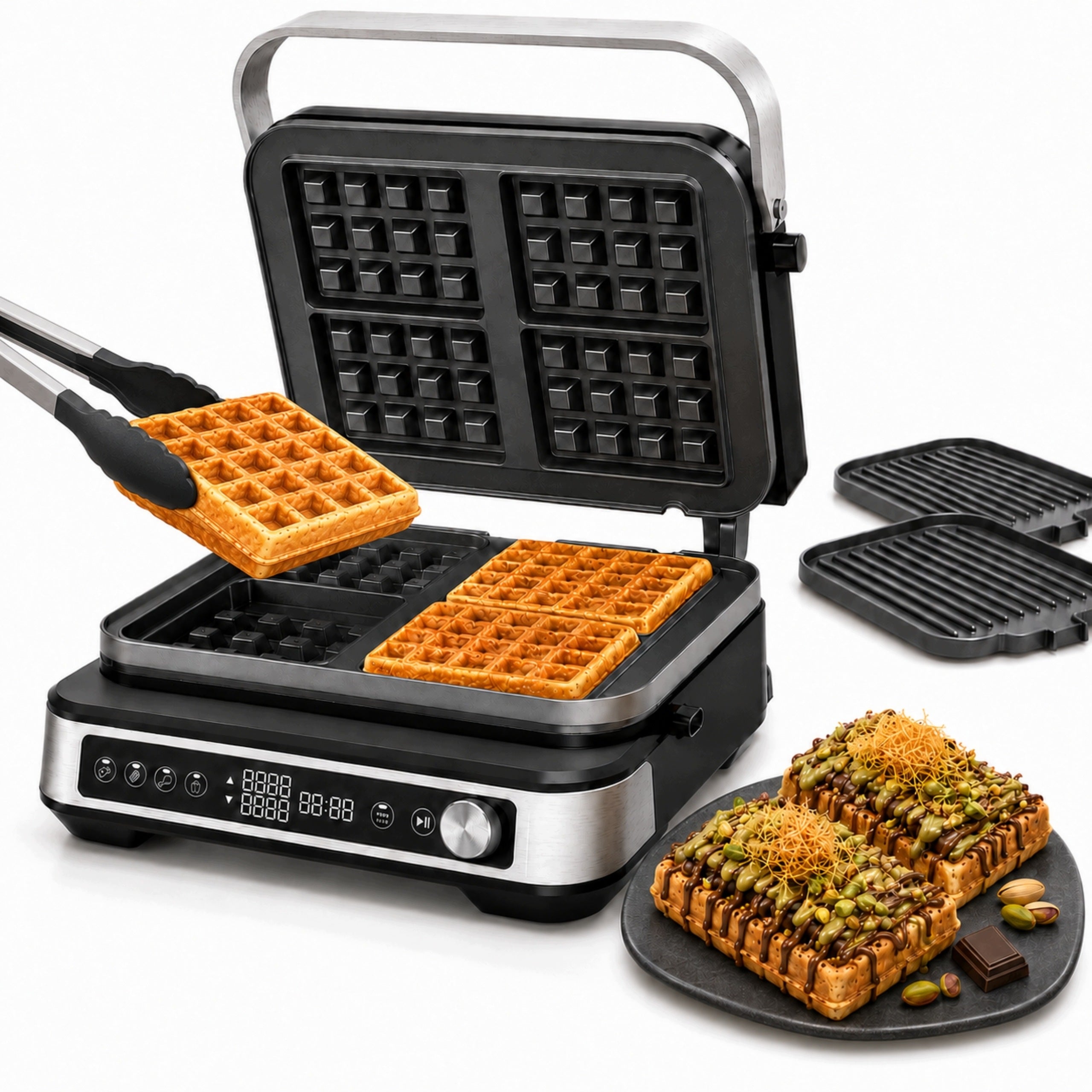 Electric waffle maker 2000W 4 waffles 2x temp adjustment up down TIMER PRO