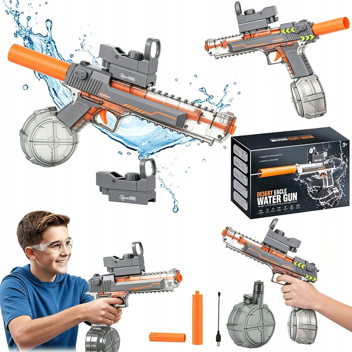 Electric water gun 10m 425ml 2 batteries 1200mAh goggles grey