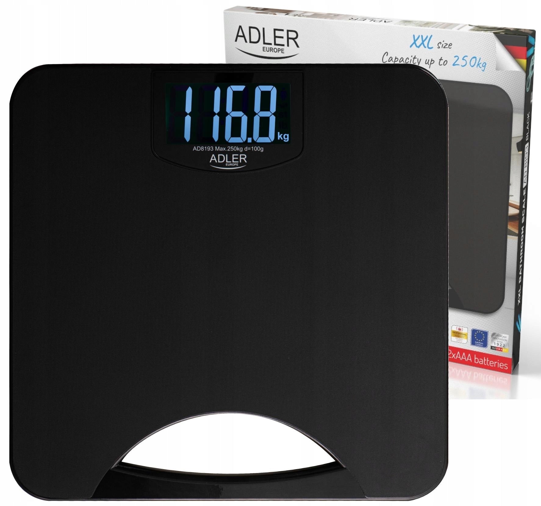 Electronic Bathroom Scale Large LCD MEASUREMENT 250kg Sensors Handle ADLER