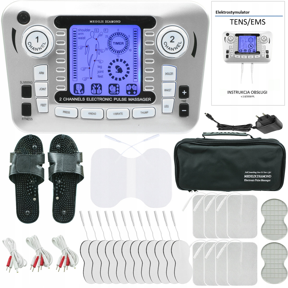 Electrostimulator TENS EMS muscle massager set XXL electrodes batteries