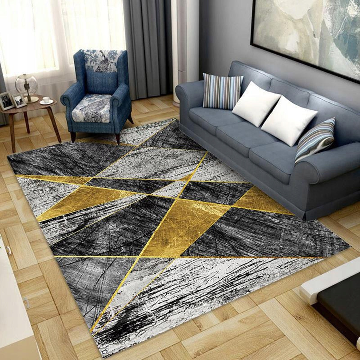 Elegant Anti-Slip Living Room Rug Fancy 200x300 Mosaic Grey Gold Brand no brand