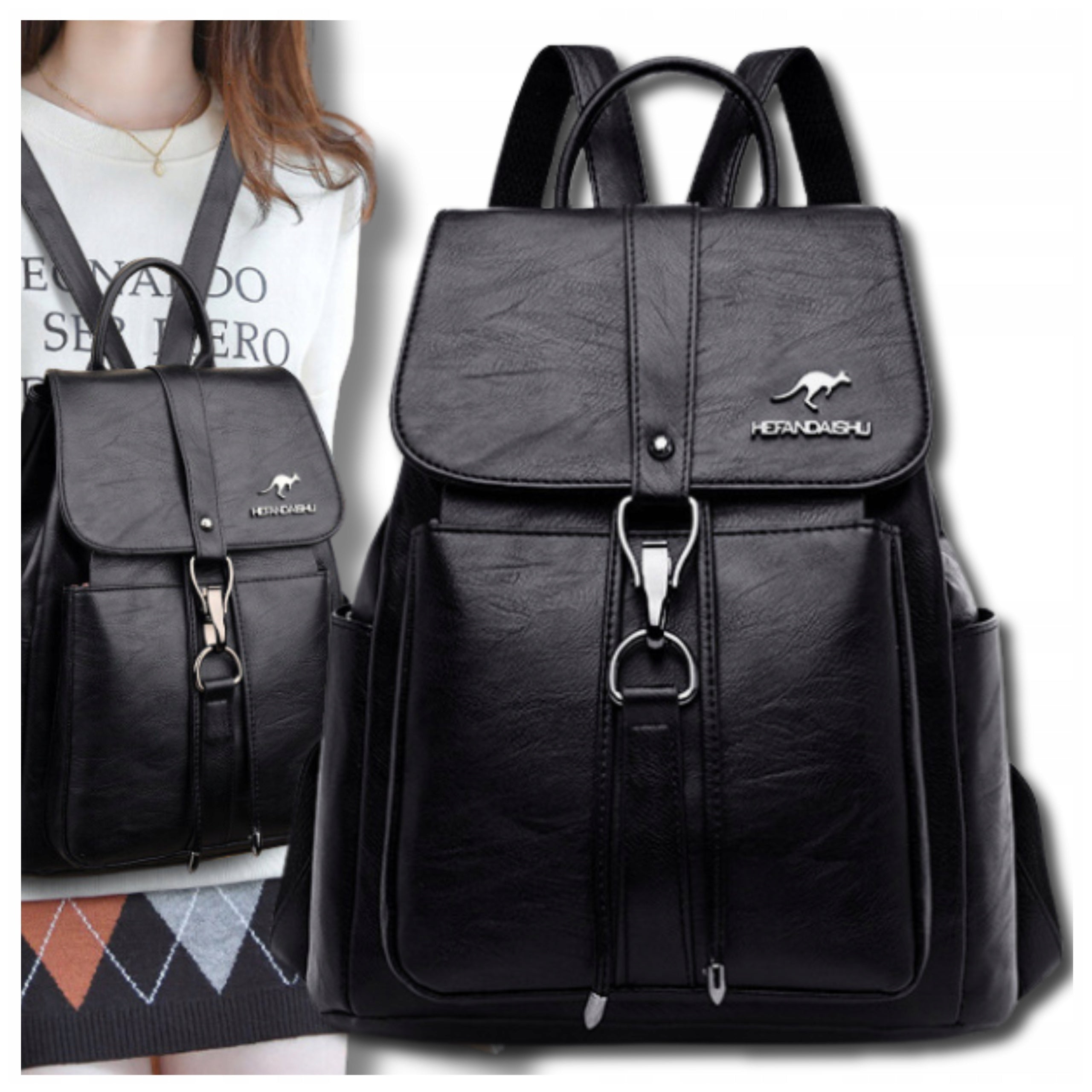 Elegant Women's Backpack Leather Black For School Work City With Flap