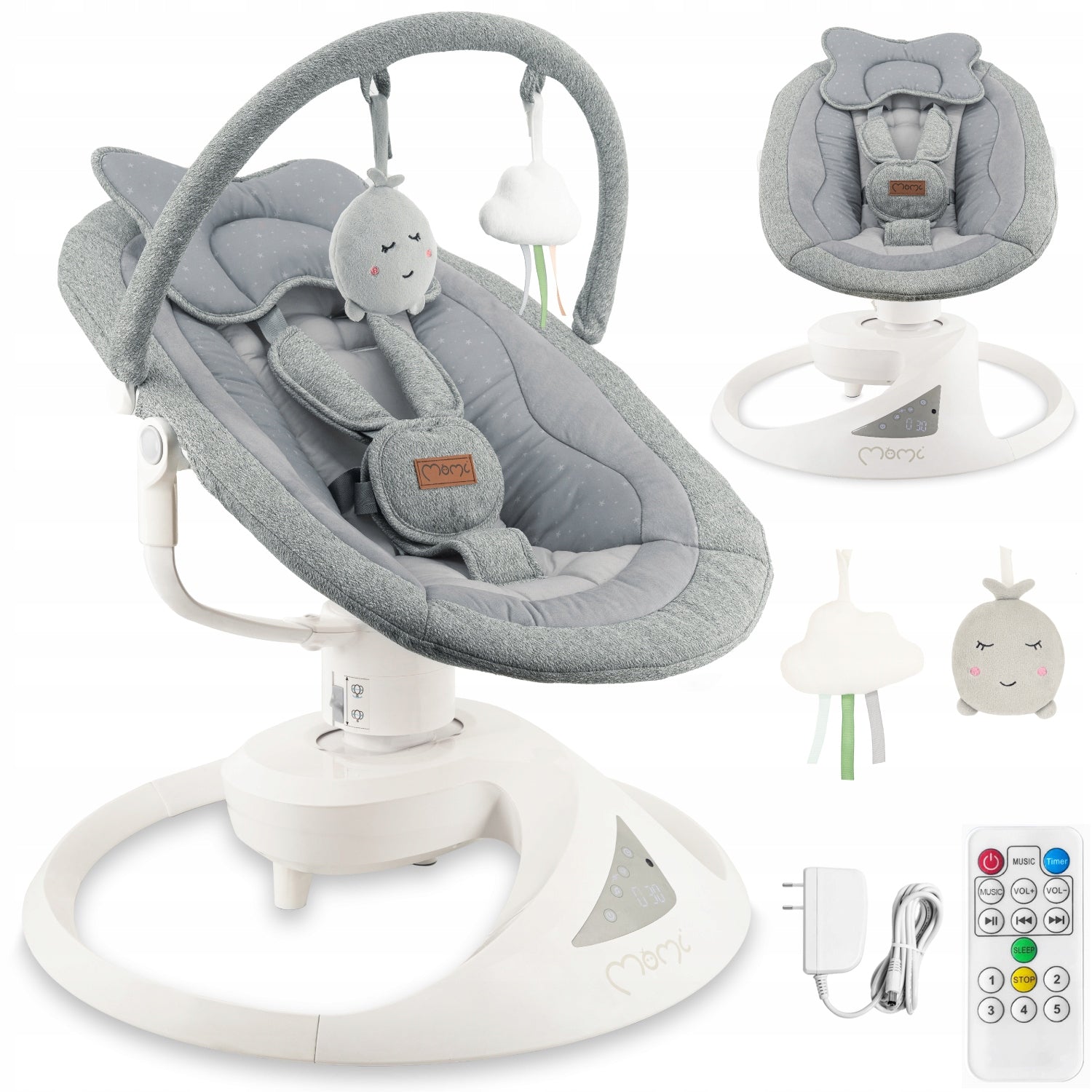 Elektrické lehátko/houpačka 360° - MoMi Pearl šedá - Bluetooth dálkové