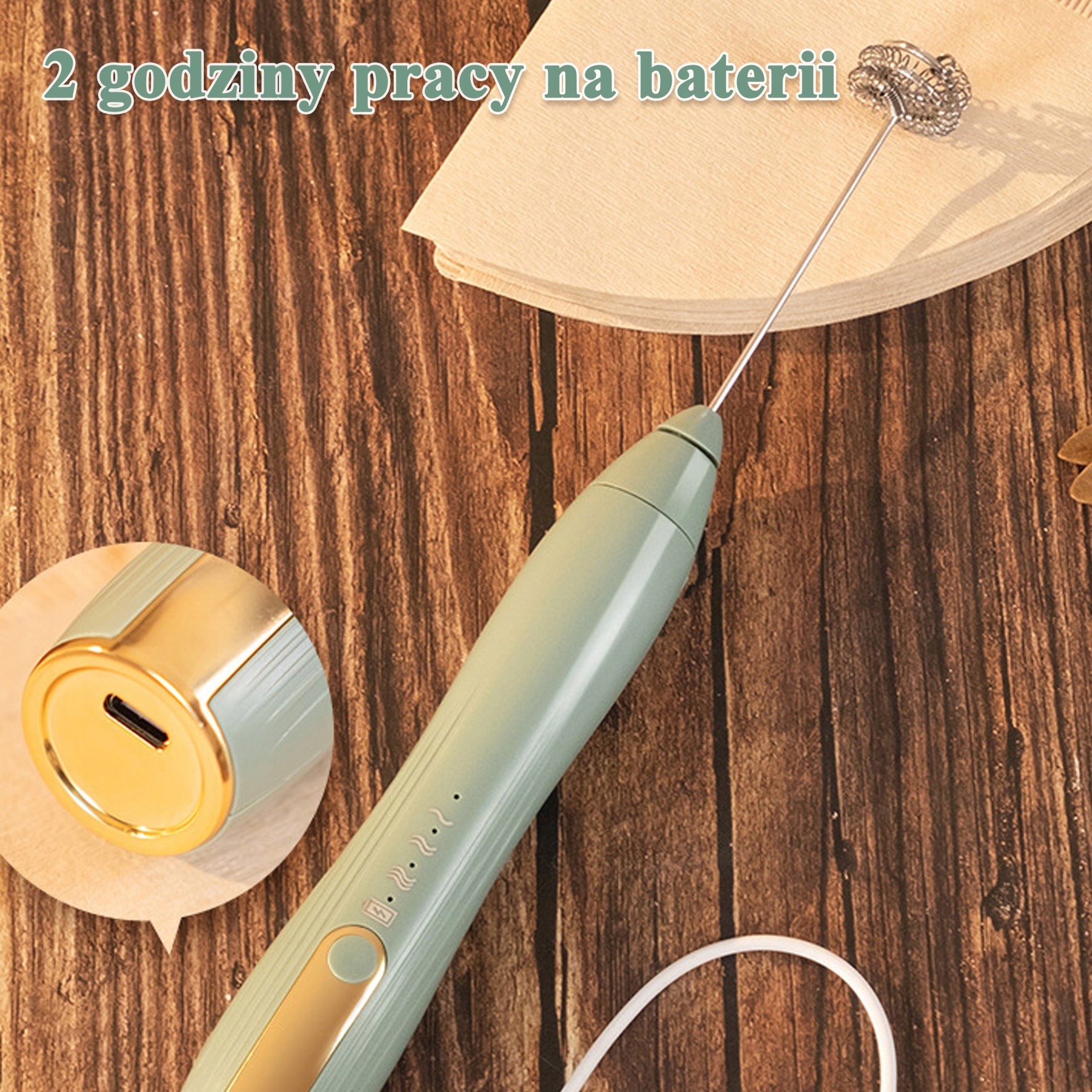 Elektryczny Spieniacz do Mleka USB, 3 Prędkości, Mikser do Kawy zielony Model J-16