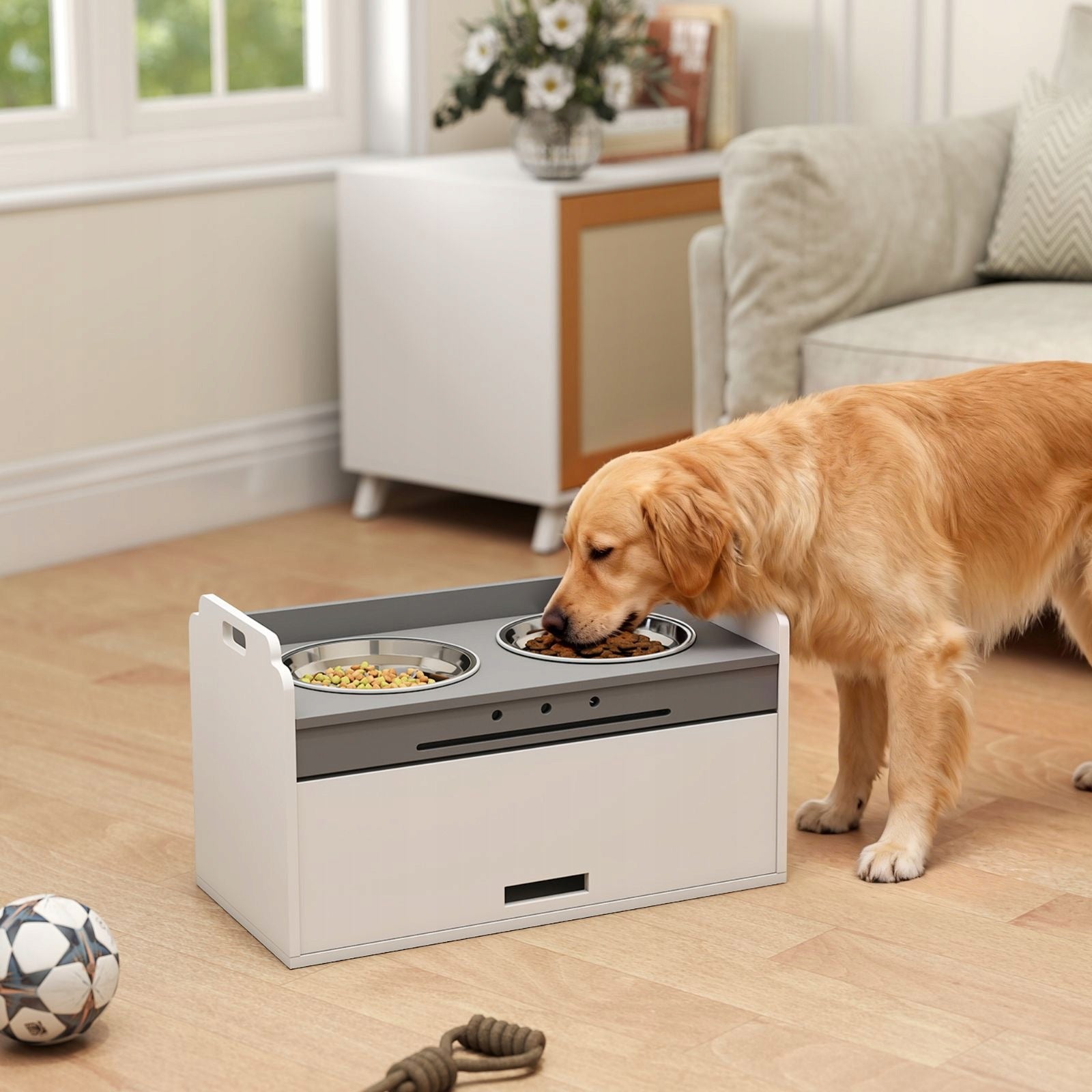 Elevated dog bowl with cabinet, 2 bowls, white, 60 x 30 x 35,5 cm Brand no brand