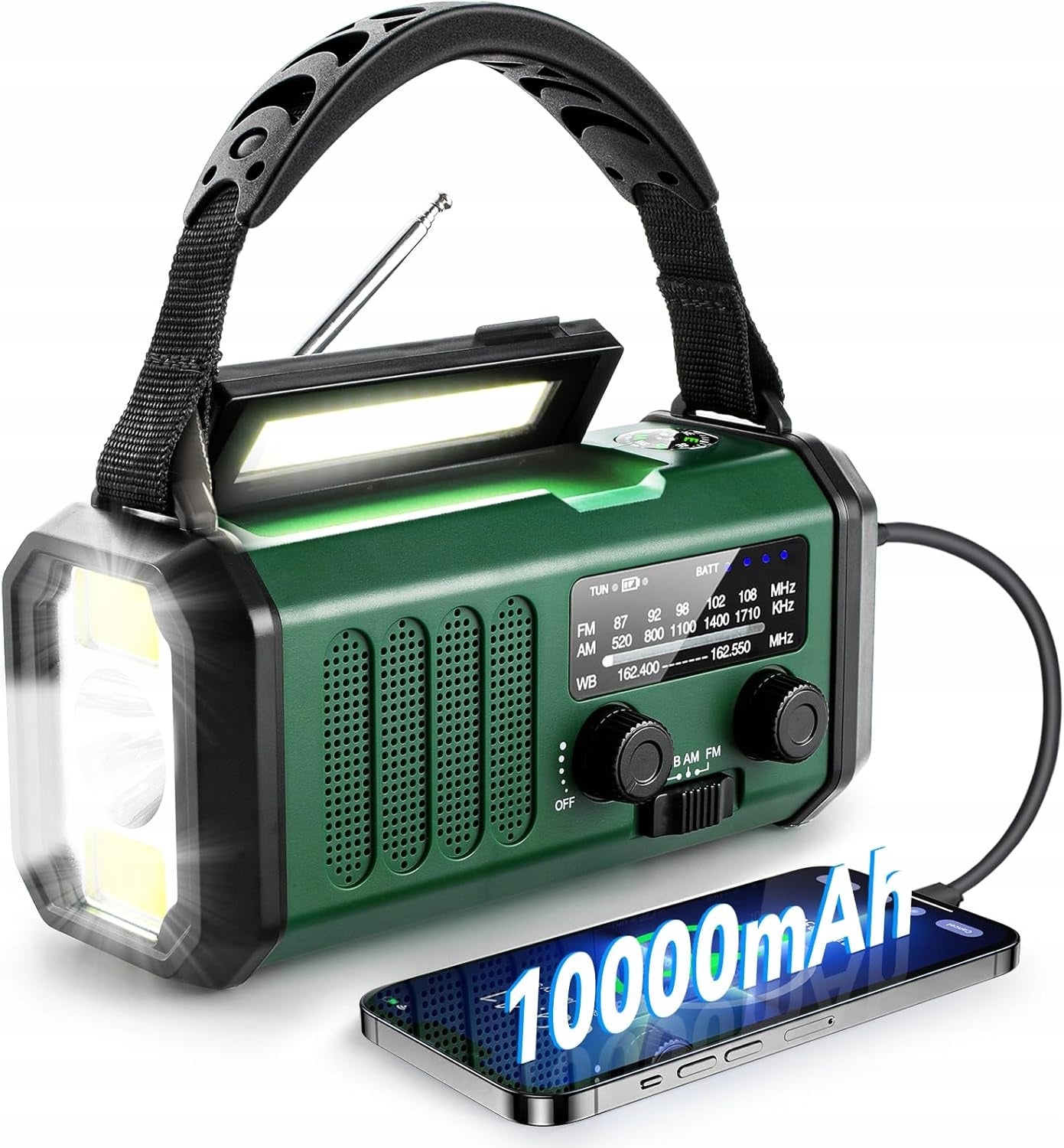 Emergency Radio Solar Weather AM FM SOS with USB Charger and Compass 10000mAh