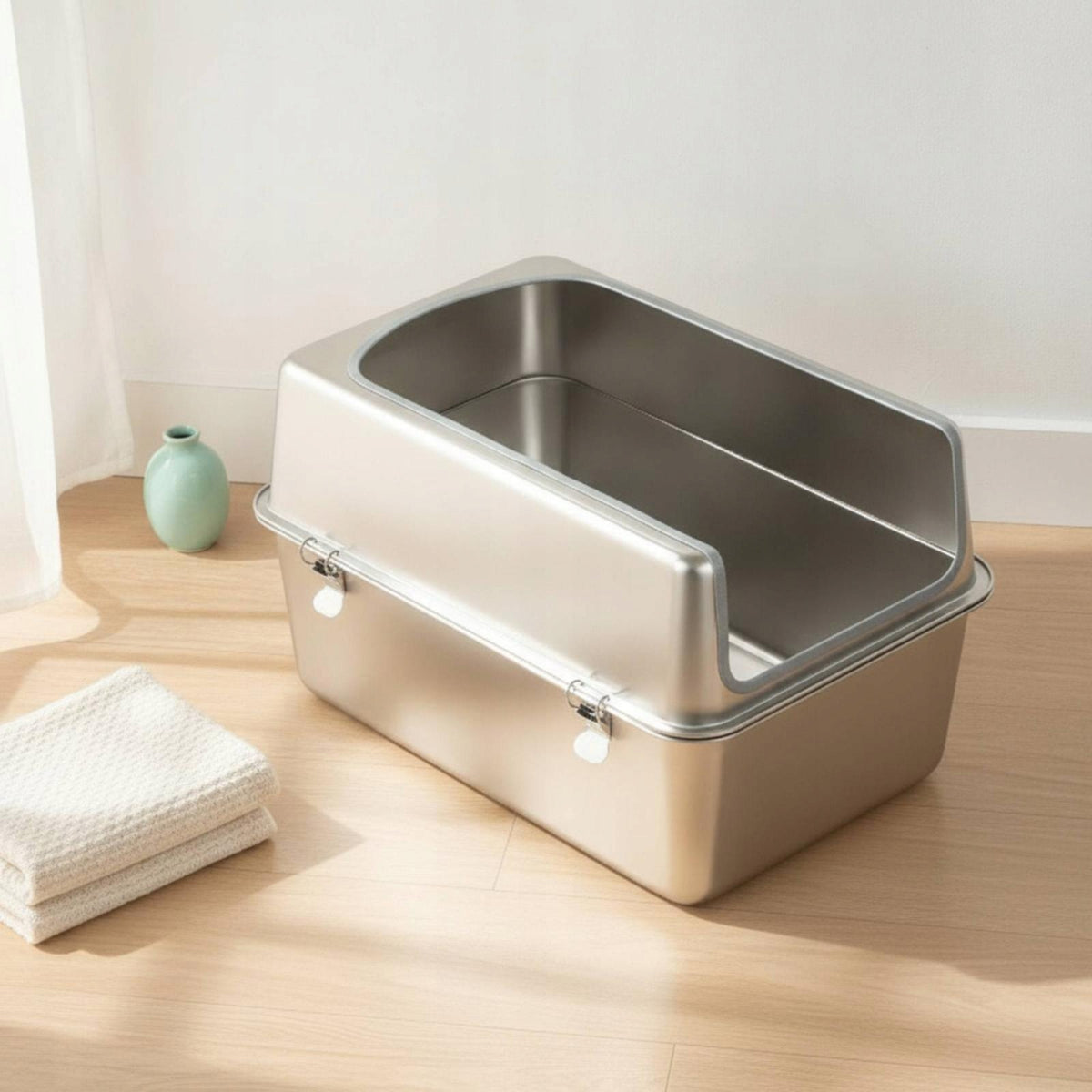 Enclosed Cat Litter Tray Stainless Steel Covered Litter Box 50-35-30cm Open Packaging status original