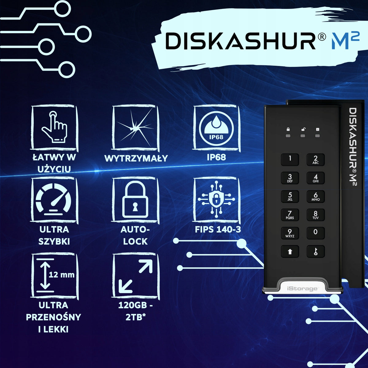 Encrypted SSD iStorage diskAshur M2 2TB | USB 3.2 | AES 256-bit Manufacturer code IS-DAM2-256-2000