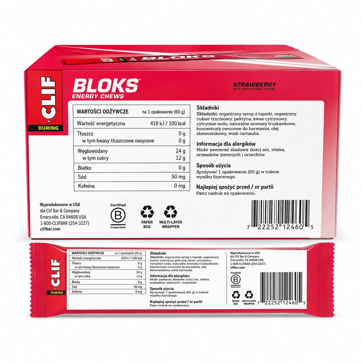 Energy gummies Clif Strawberry 18x60 g carbohydrates for training snack Expiration date at least 3 months from the date of purchase