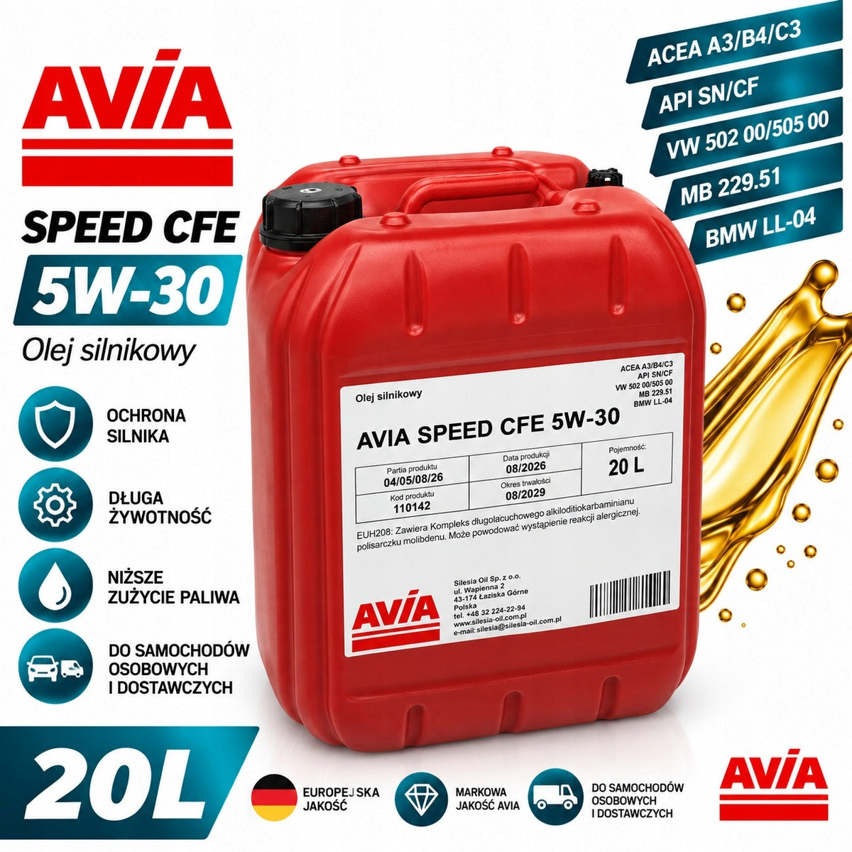 Engine oil AVIA Speed CFE 5W-30 20L BMW MB VW