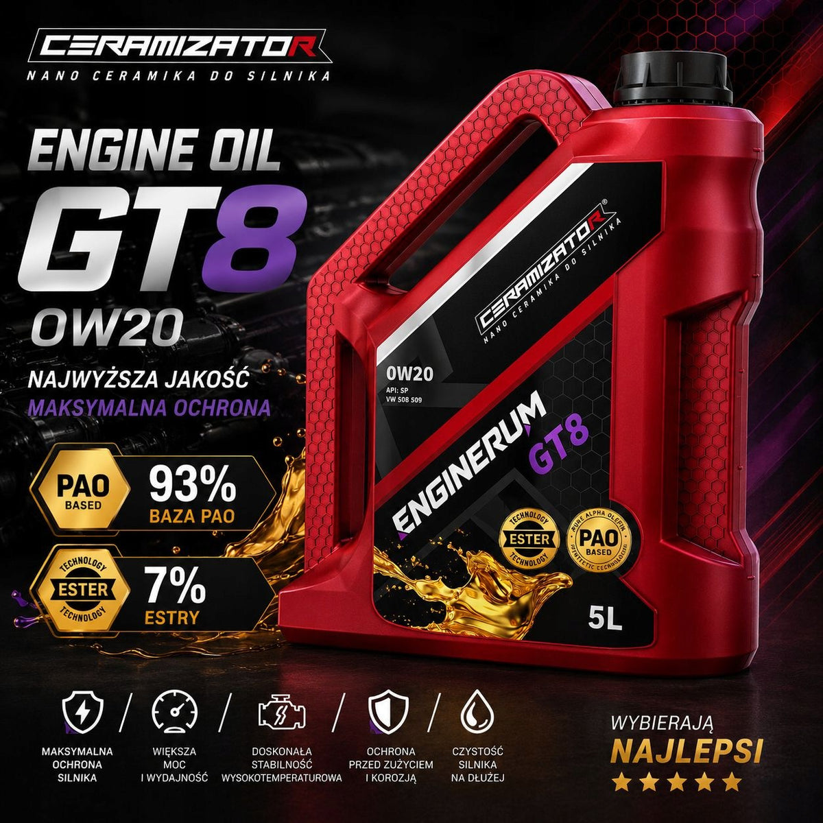 Engine oil CERAMIZATOR ENGINERUM GT8 VW 508/509 API SP 0W20 5L Packaging status original