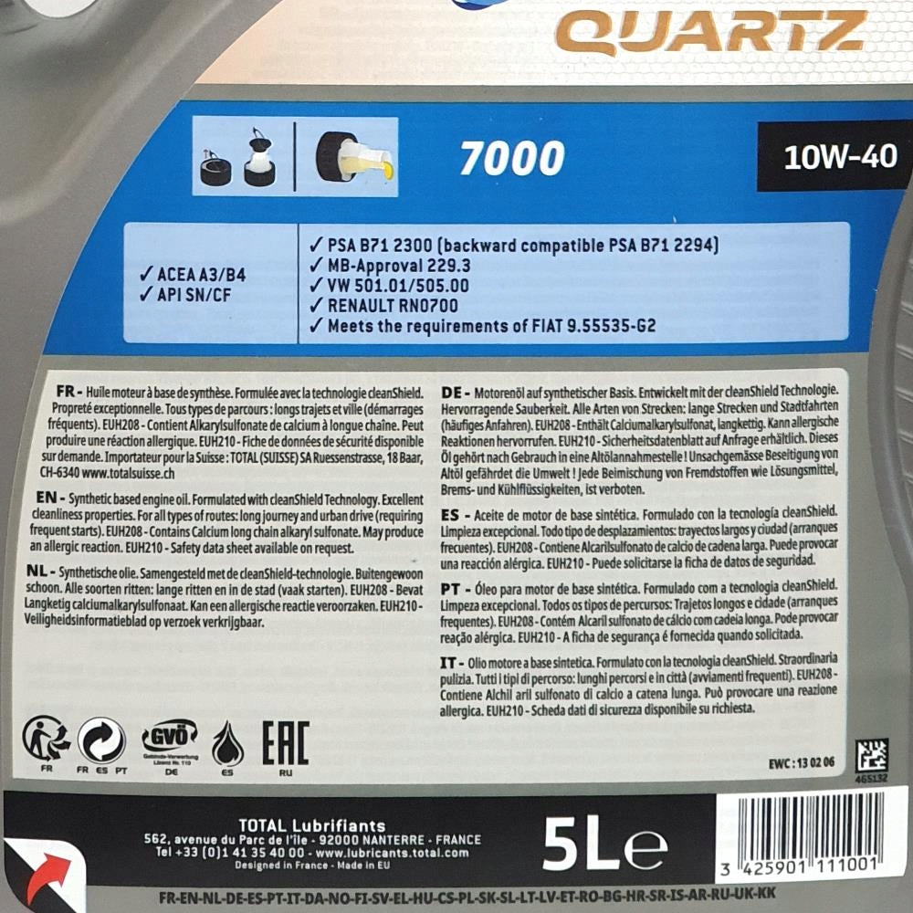 Engine oil TotalEnergies 5 l 10W-40 Manufacturer code 2216285