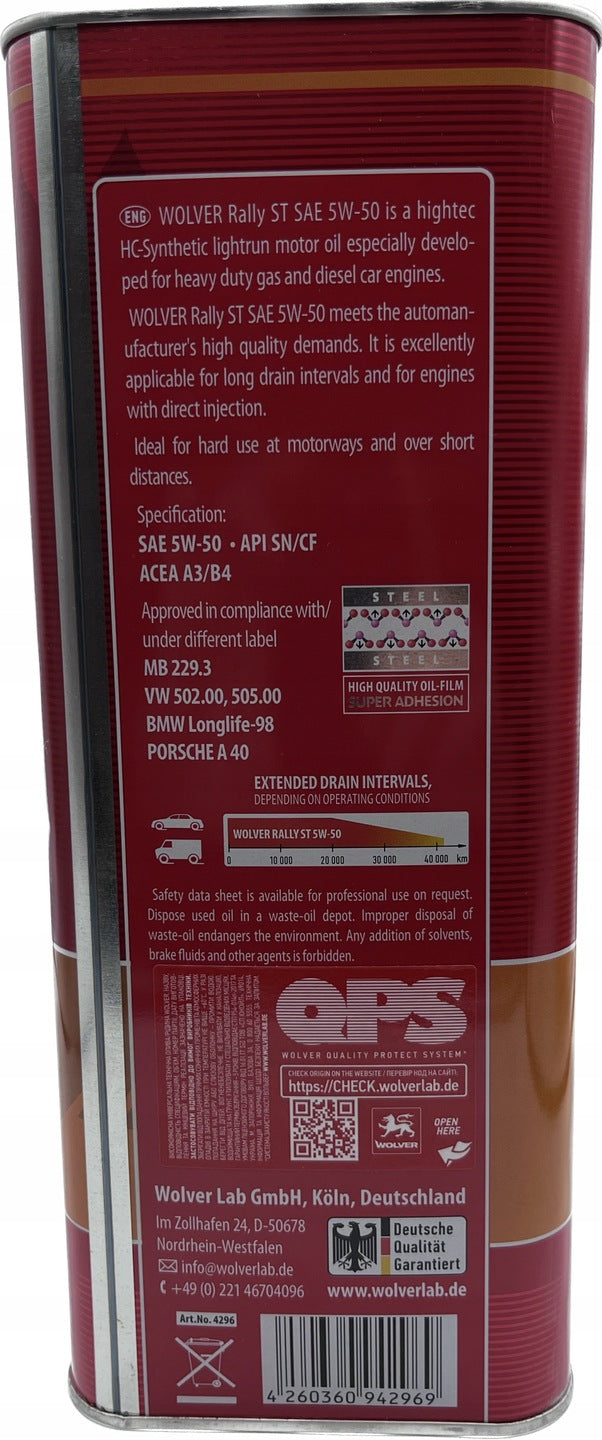 Engine oil Wolver Rally ST 5W-50 5L OFFICIAL DISTRIBUTOR Manufacturer Wolver