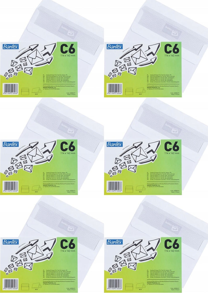 Envelope C6 letter envelopes self-adhesive 25 PCS Bantex x 6 PACK