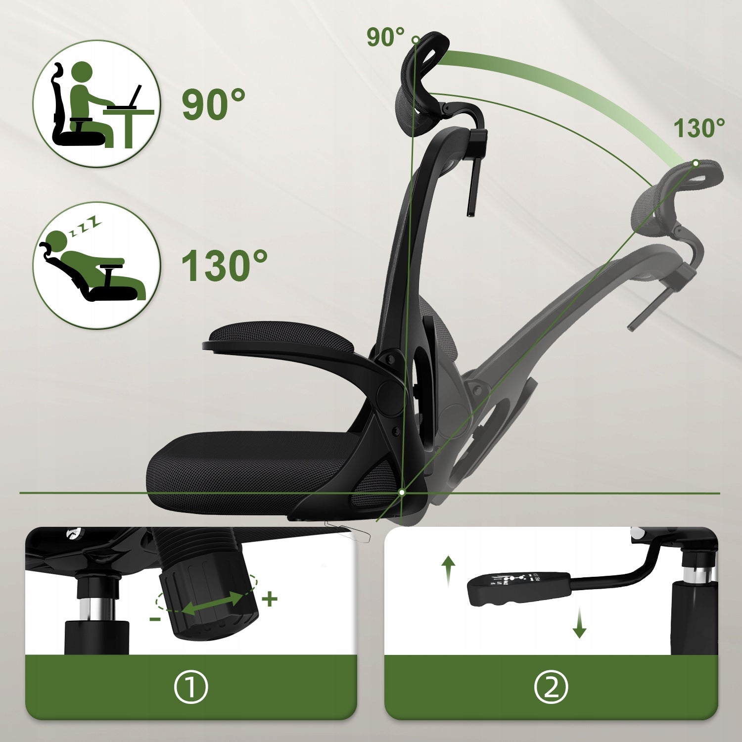 Ergonomic Chair Office Chair Swivel Chair Black Foldable Armrest 150kg Manufacturer code RY296