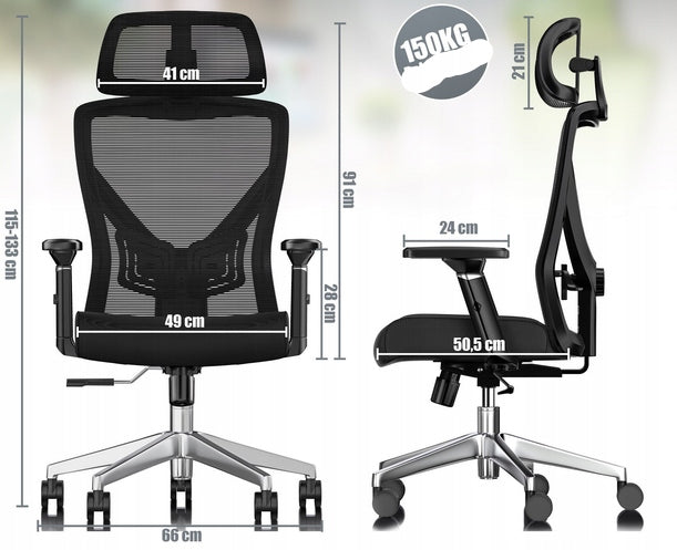 Ergonomic Office Chair With Lumbar Support Headrest Furniture depth 50 cm