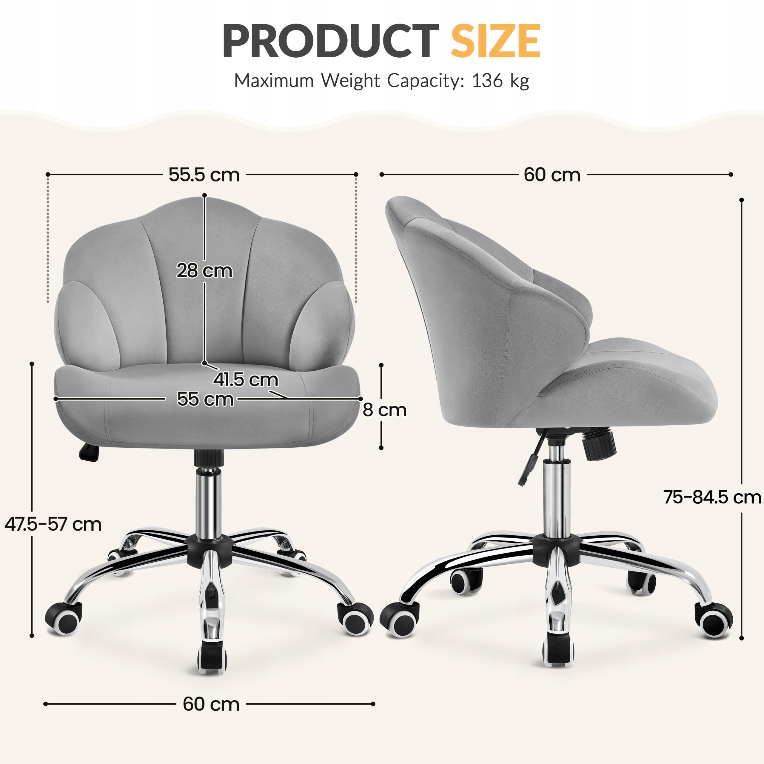 Ergonomic Swivel Chair, Adjustable Height, Wheels, Grey Packaging status original