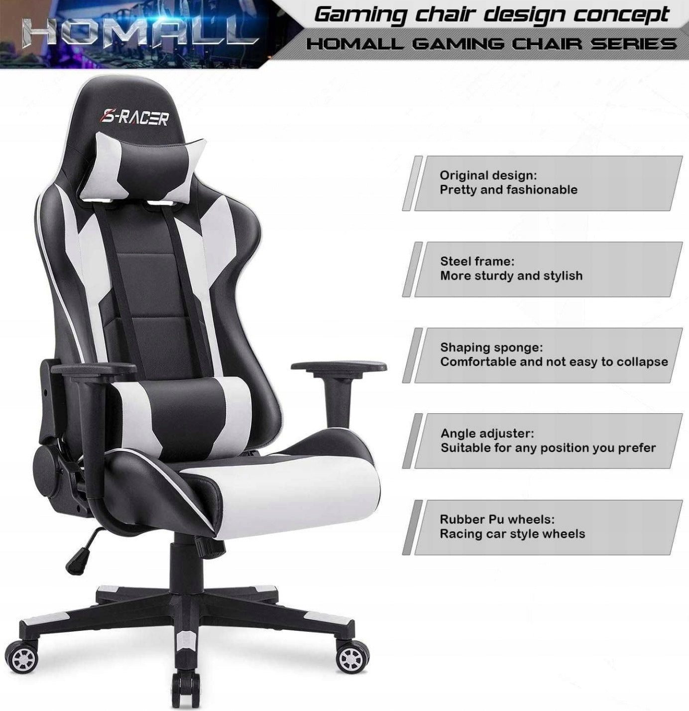 Ergonomic gaming chair black and white up to 150 kg Manufacturer code 0482A