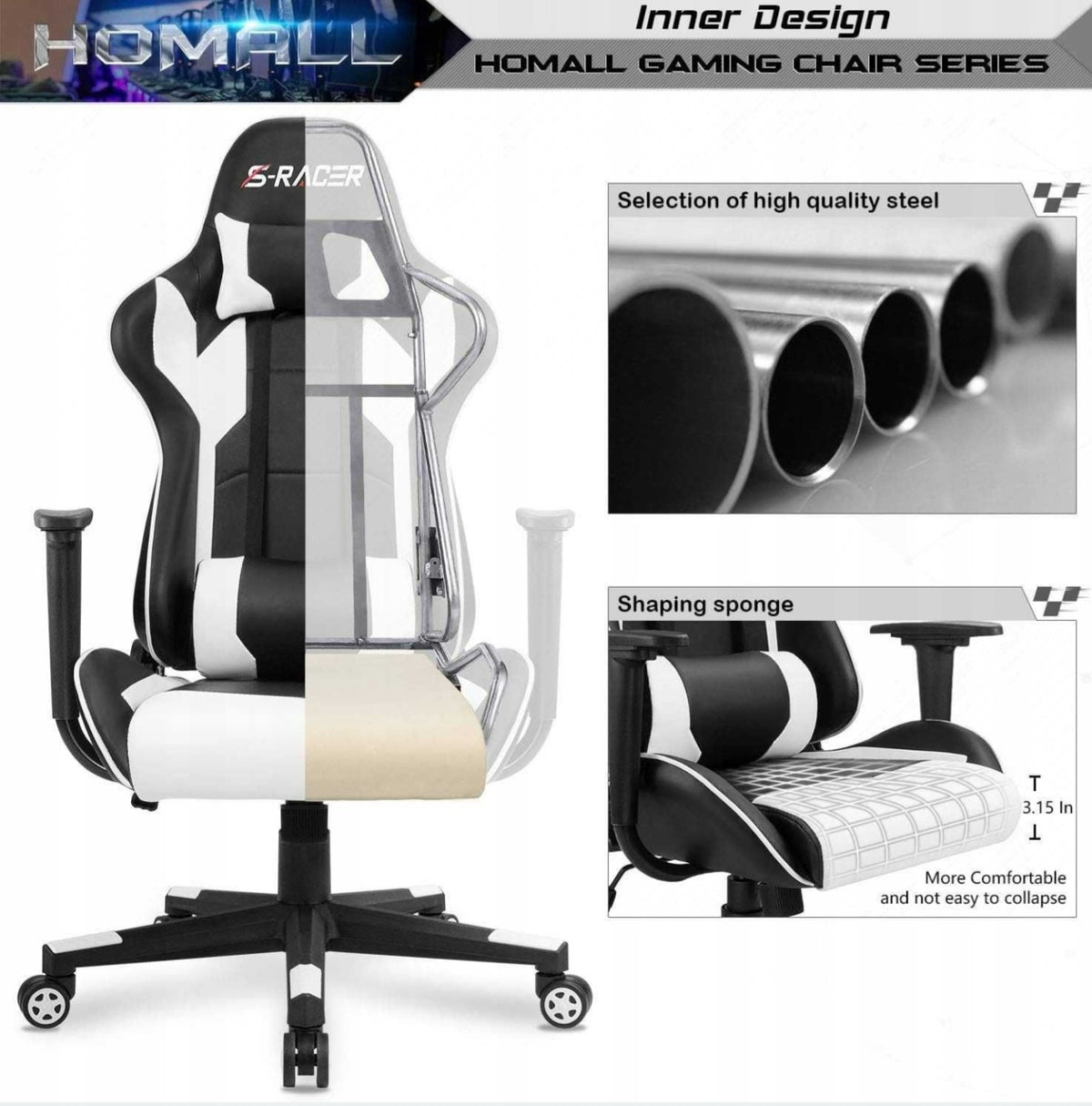 Ergonomic gaming chair black and white up to 150 kg Packaging status original