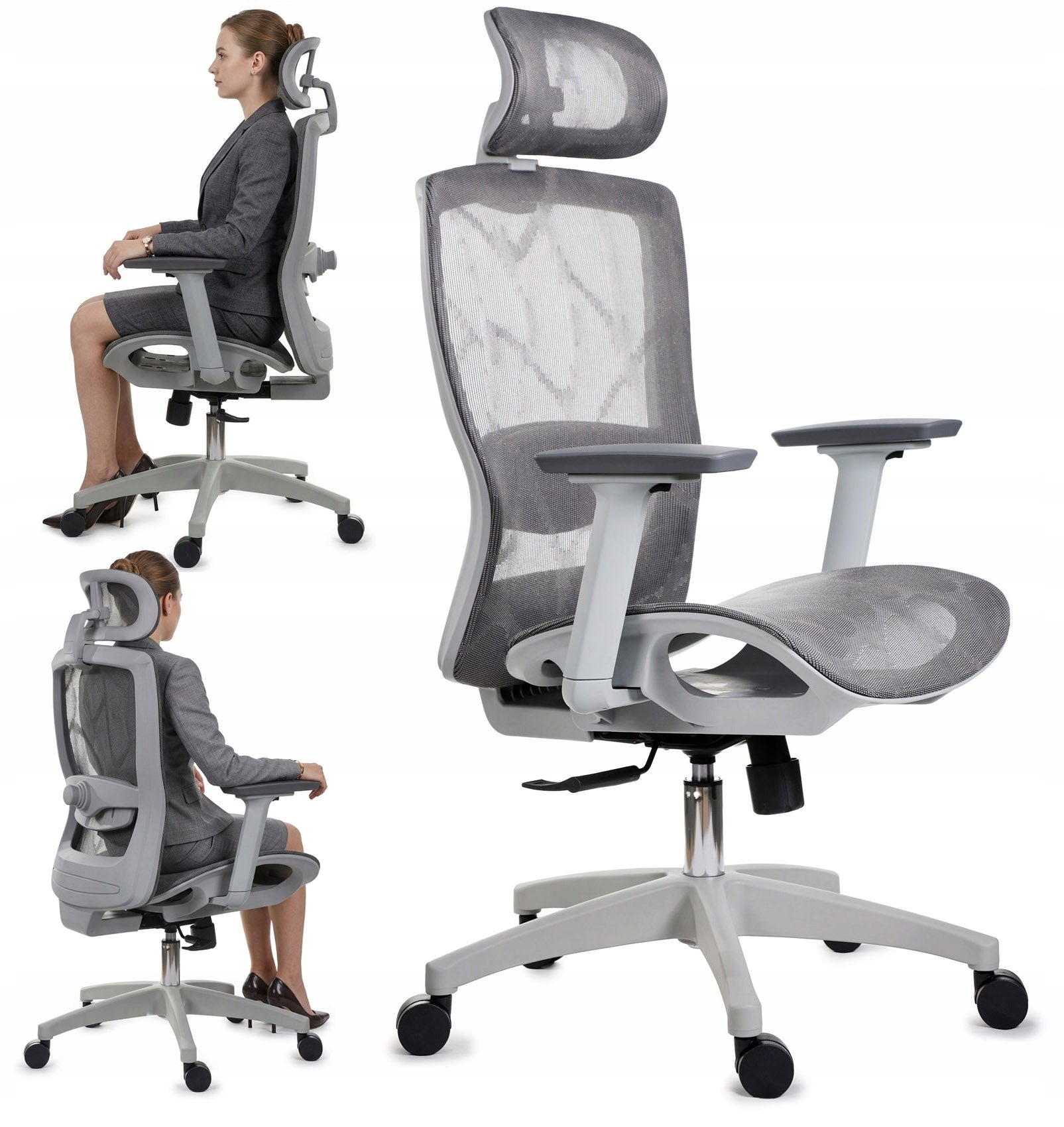 Ergonomic grey comfortable office chair adjustable armrests, headrest