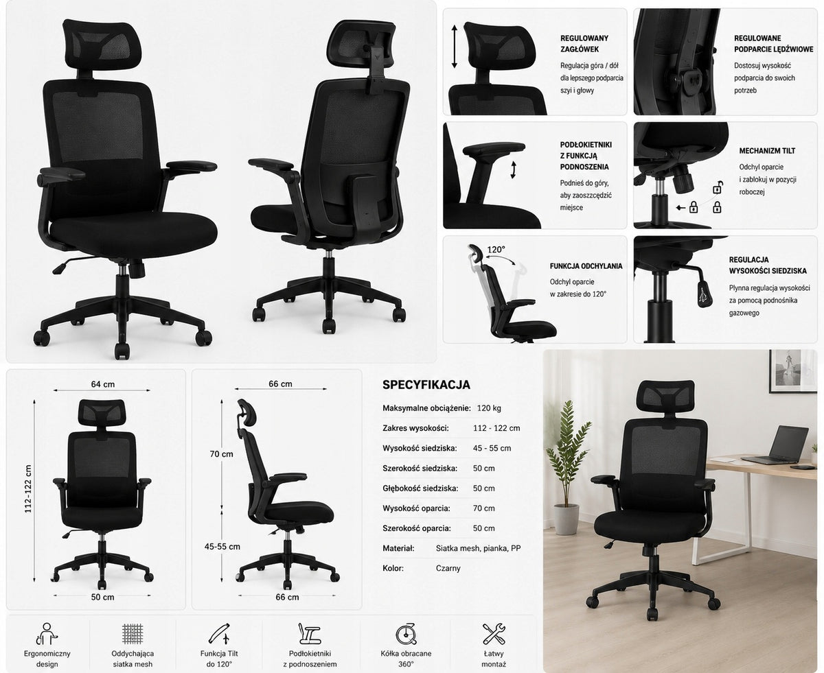 Ergonomic mesh office chair with adjustable headrest black 120 kg