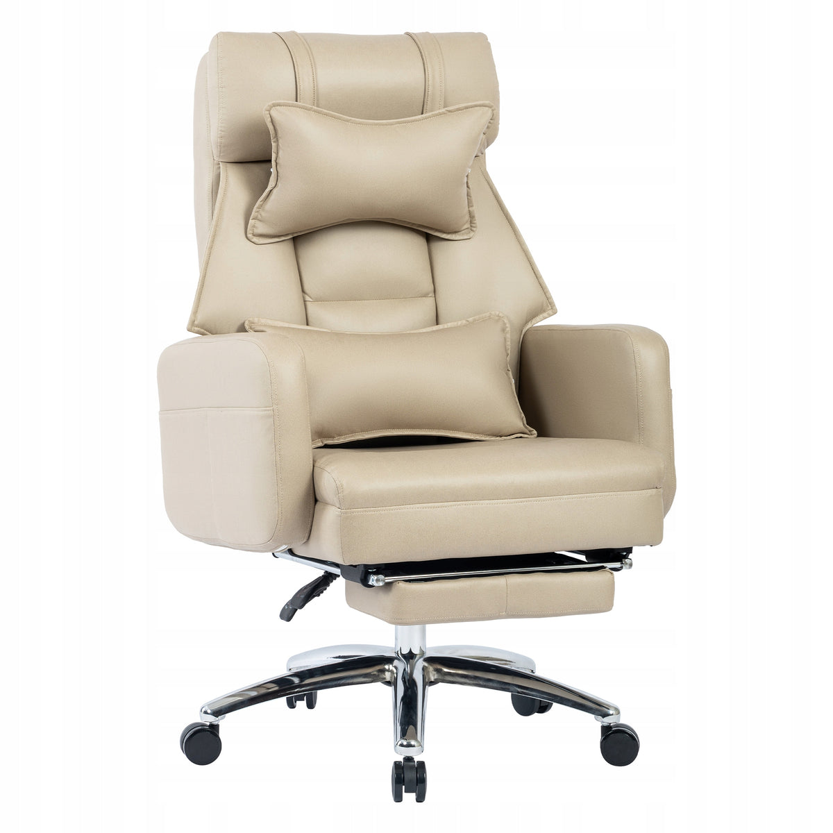 Ergonomic office chair BEIGE with footrest 155° leather tech