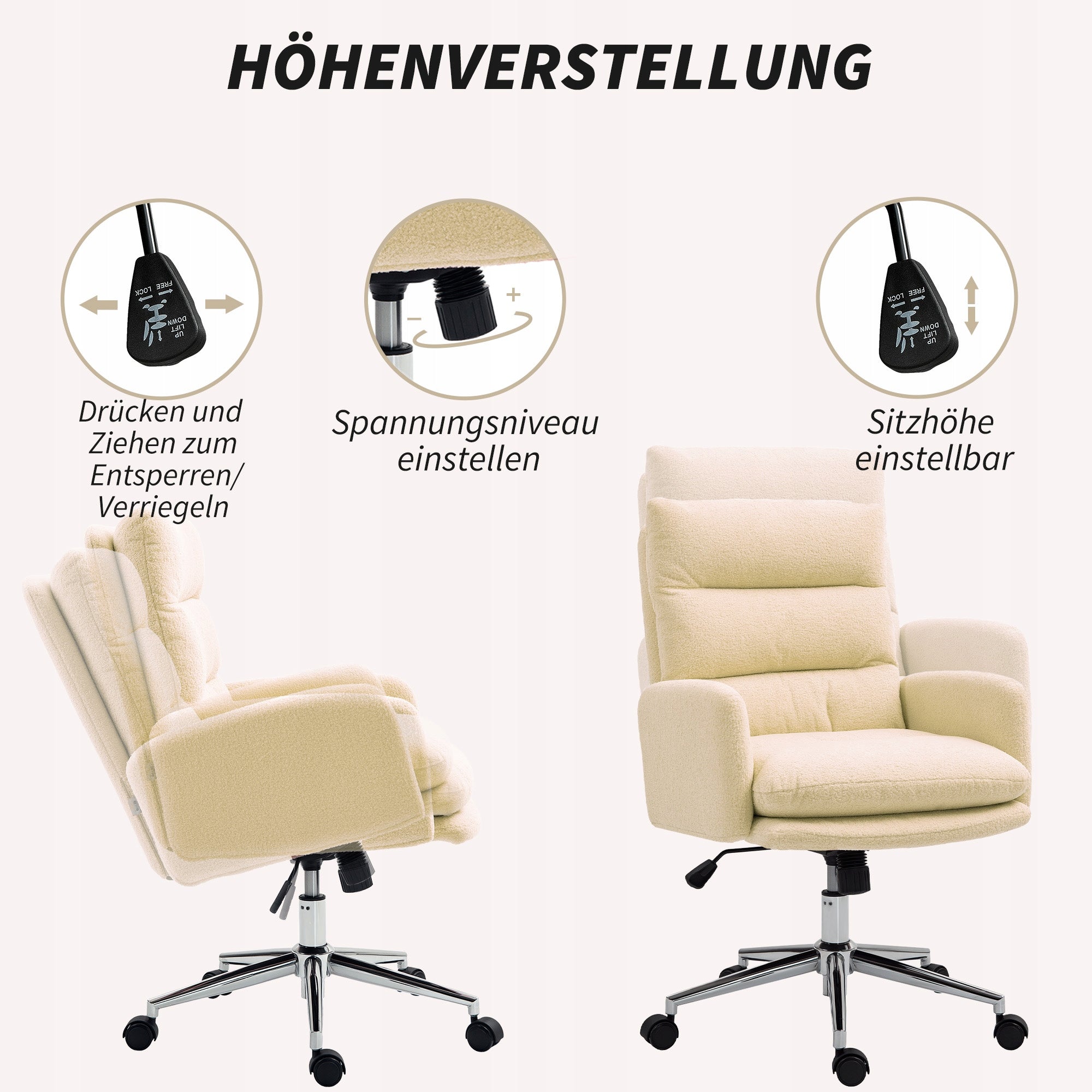 Ergonomic office chair with armrests, cream wool Brand Homcom