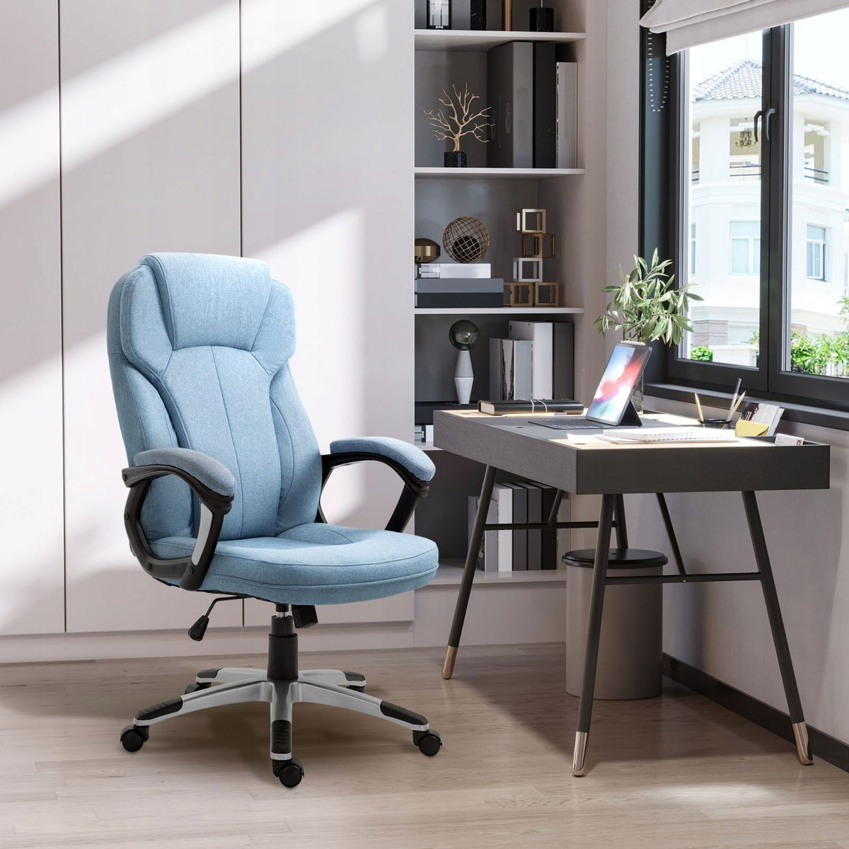 Ergonomic office chair with headrest, linen, light blue Furniture depth 66 cm