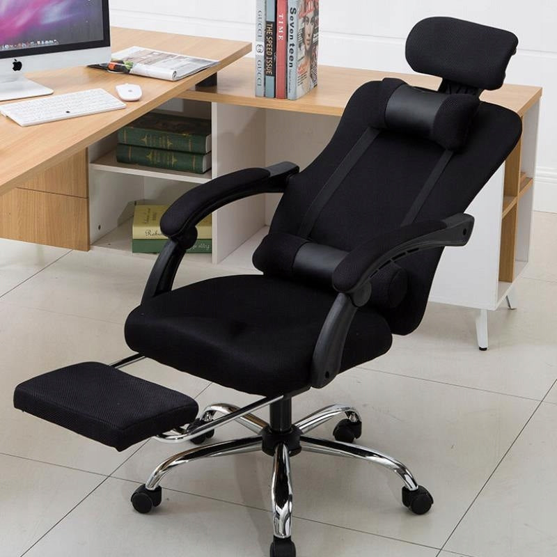 Ergonomic swivel chair with footrest and headrest, ventilation - black