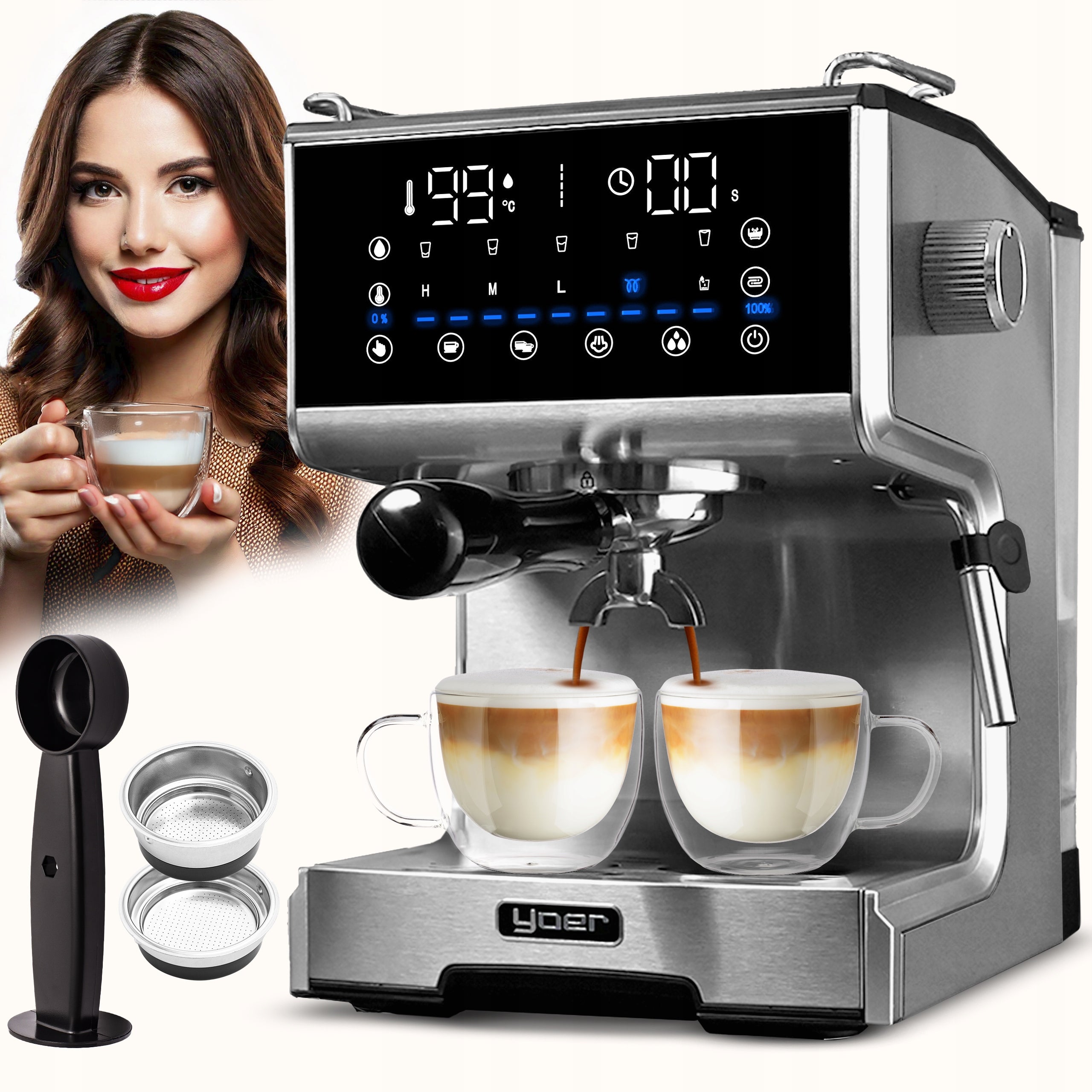 Espresso machine for coffee Yoer 1350W 20bar 3in1 + Hot water dispenser