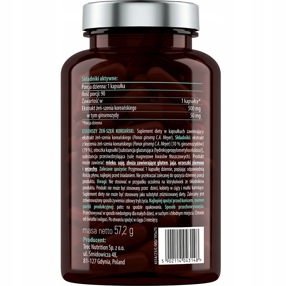 Essensey Korean Ginseng 500 mg, for Energy & Vitality, 90 capsules Manufacturer code Żeńszeń, panax ginseng, libido, potencję
