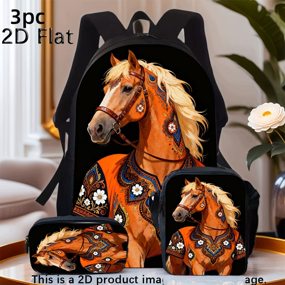 Ethnic Floral Horse 3-Piece Backpack Set