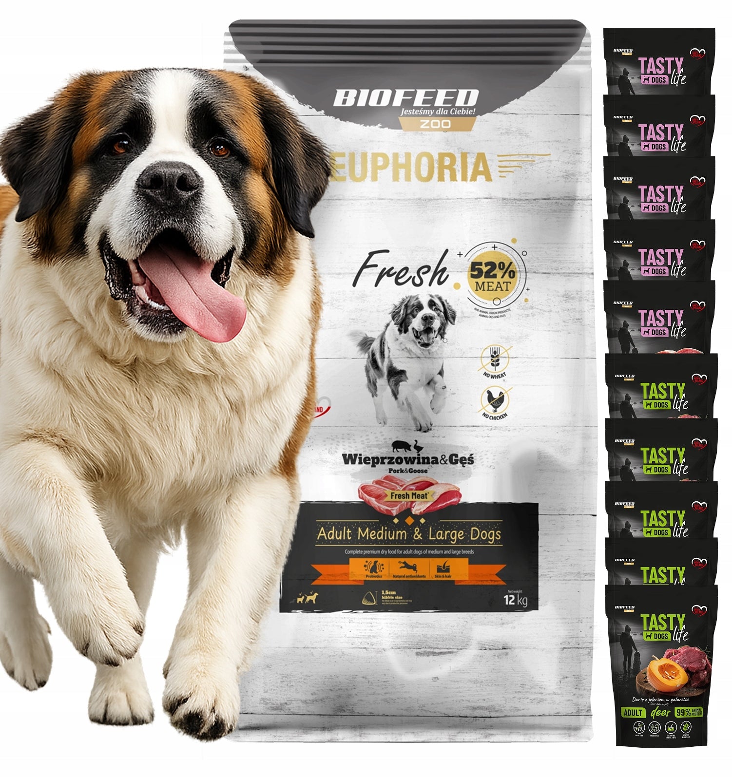 Euphoria Fresh Pork Goose M/L 12 kg + 10 sachets tasty dog 150g