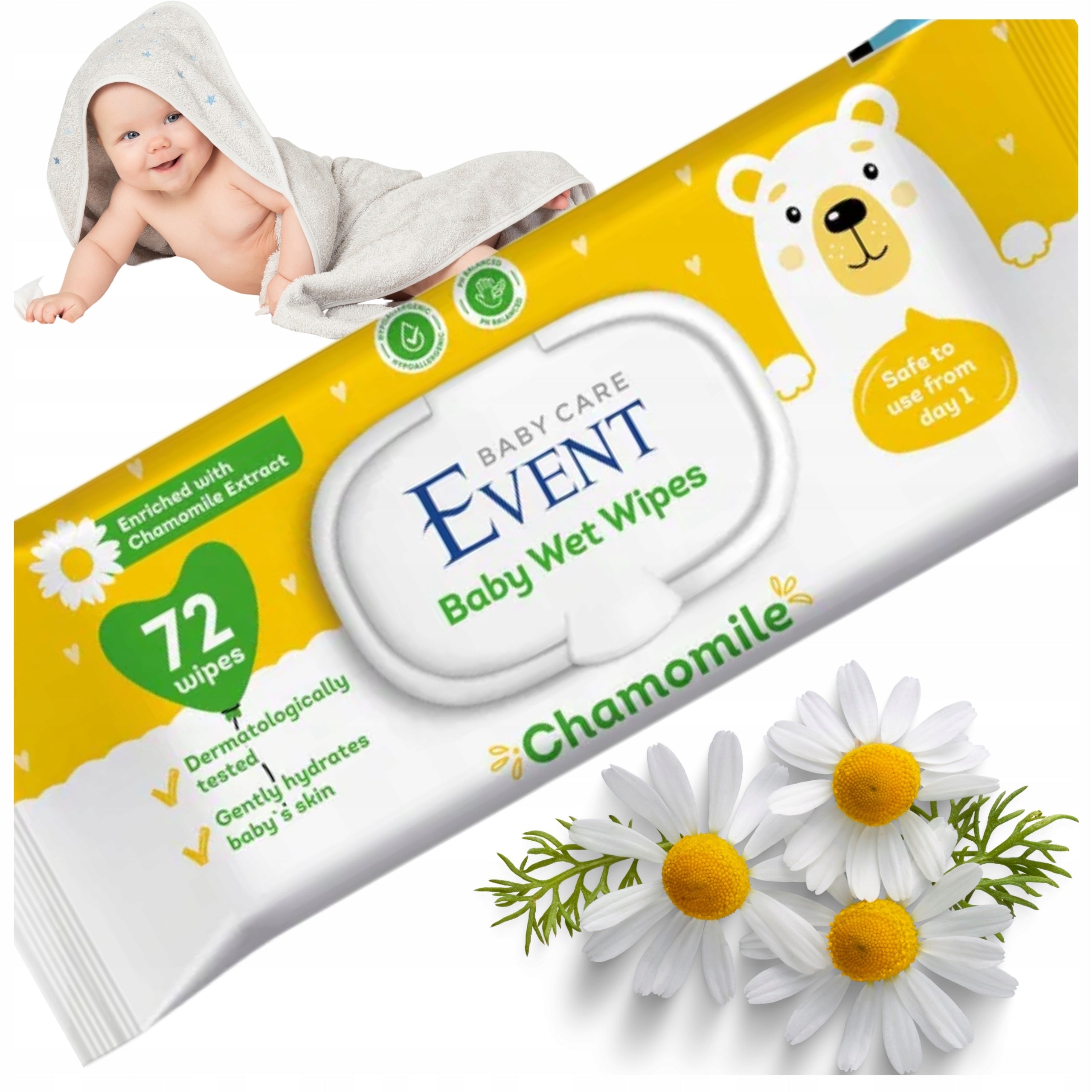 Event Baby Moisturized Wipes with Chamomile for Kids with Clip 72 Pcs