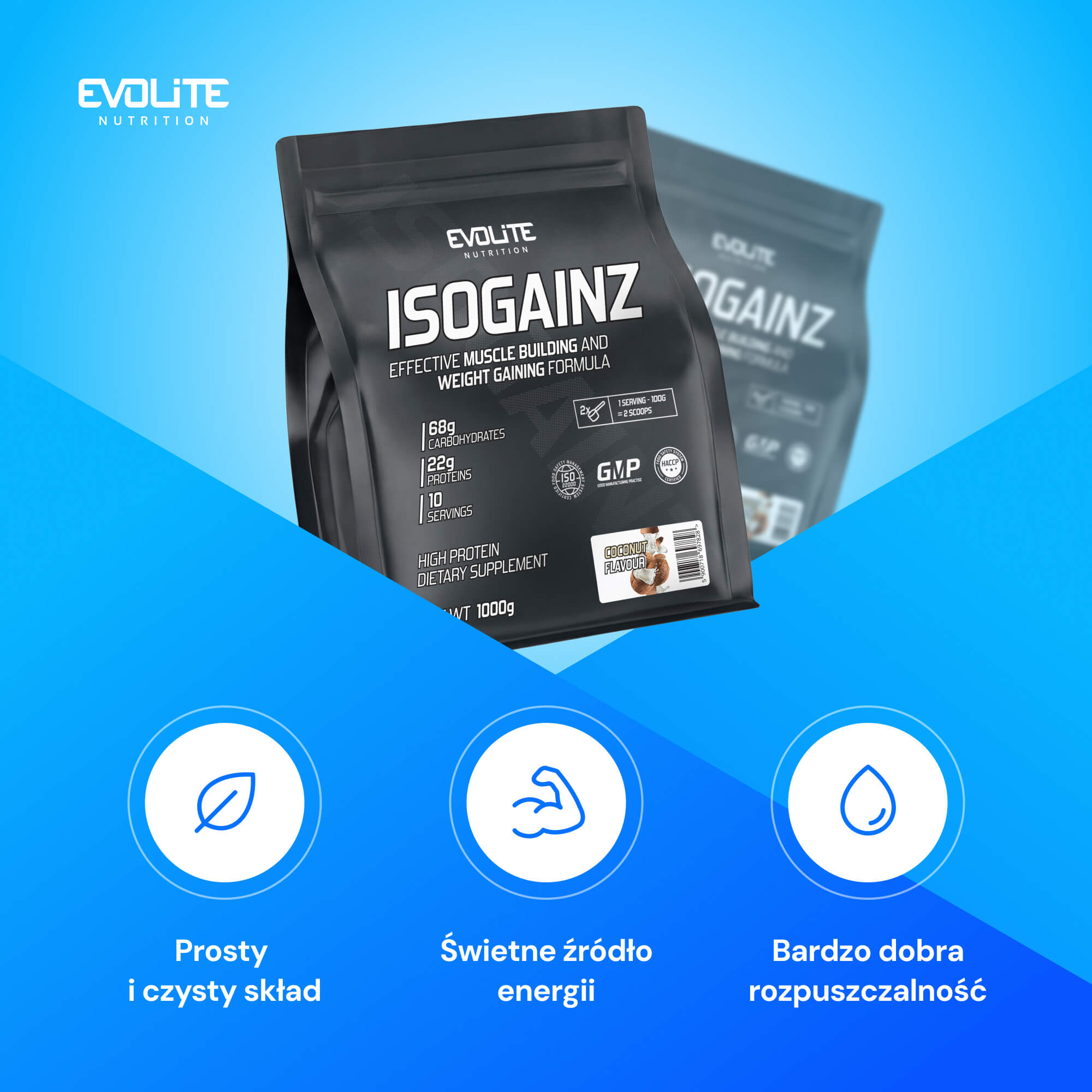 Evolite IsoGainz 1000g 1kg Gainer Weight Complex Carbohydrates Regeneration Expiration date at least 1 year from the date of purchase
