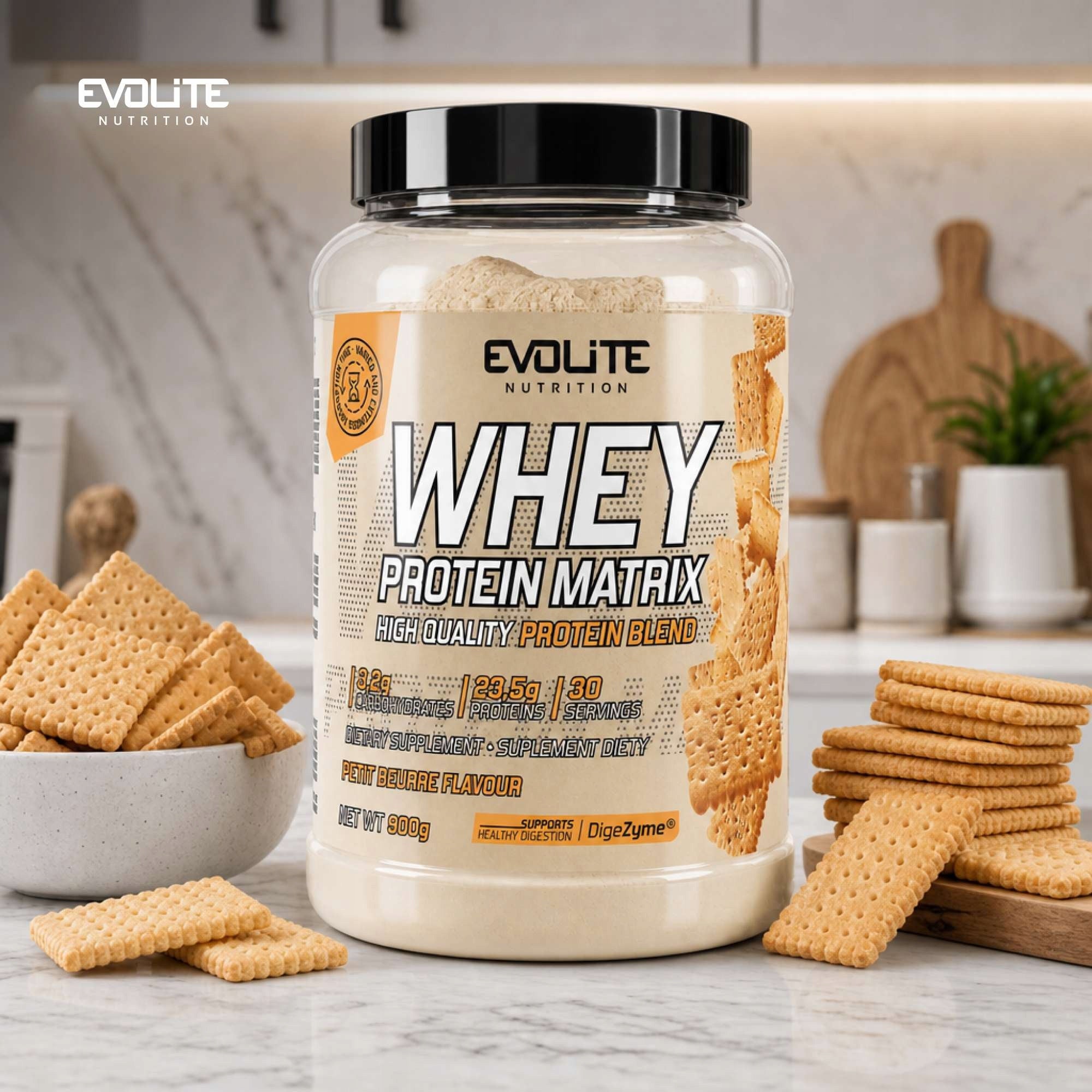 Evollite Nutrition Whey Protein Matrix 900g MPI WPC WPI ENZYMES Lactase Expiration date at least 1 year from the date of purchase