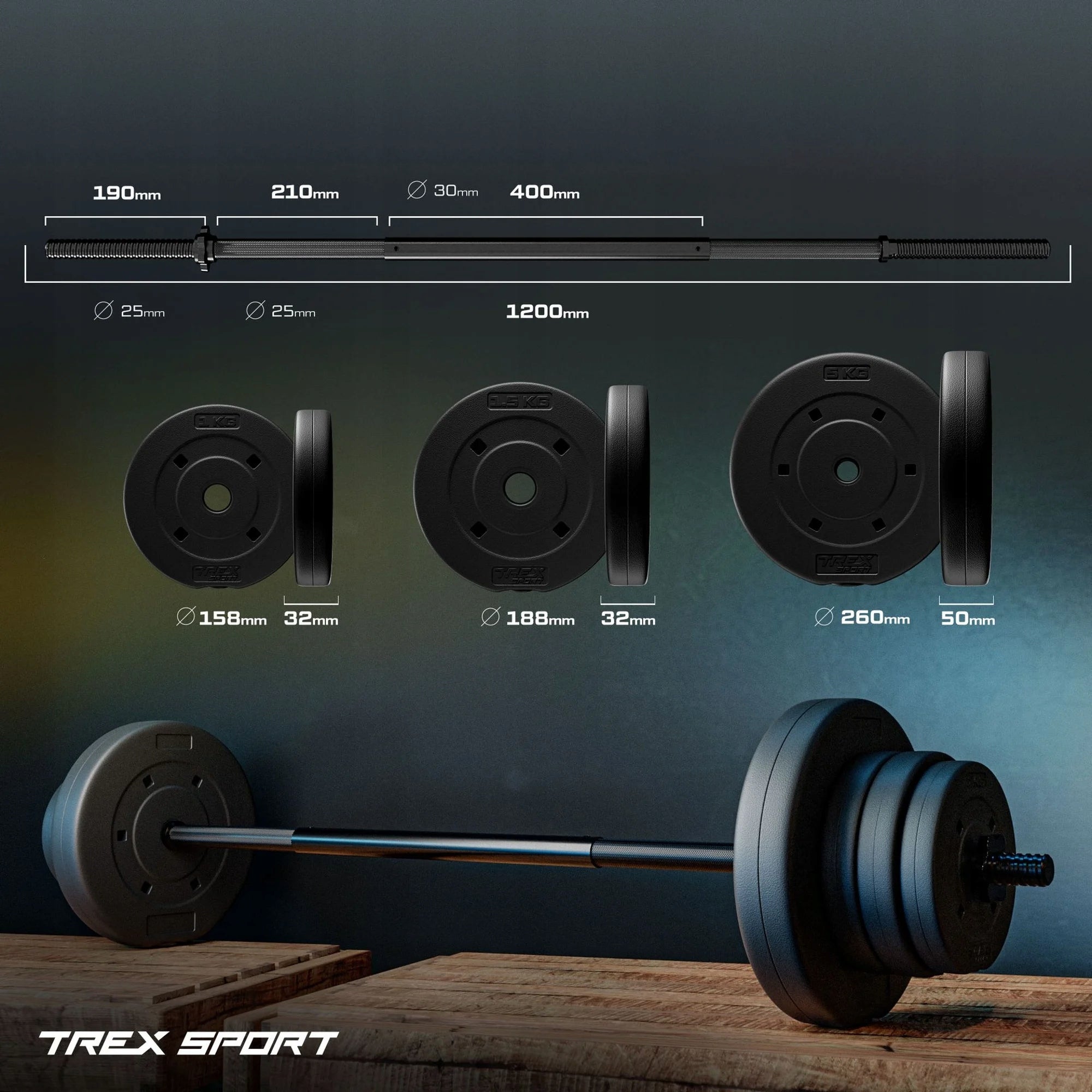 Exercise barbell set bituminous loads griffin 22kg Trex Sport Weight 22 kg