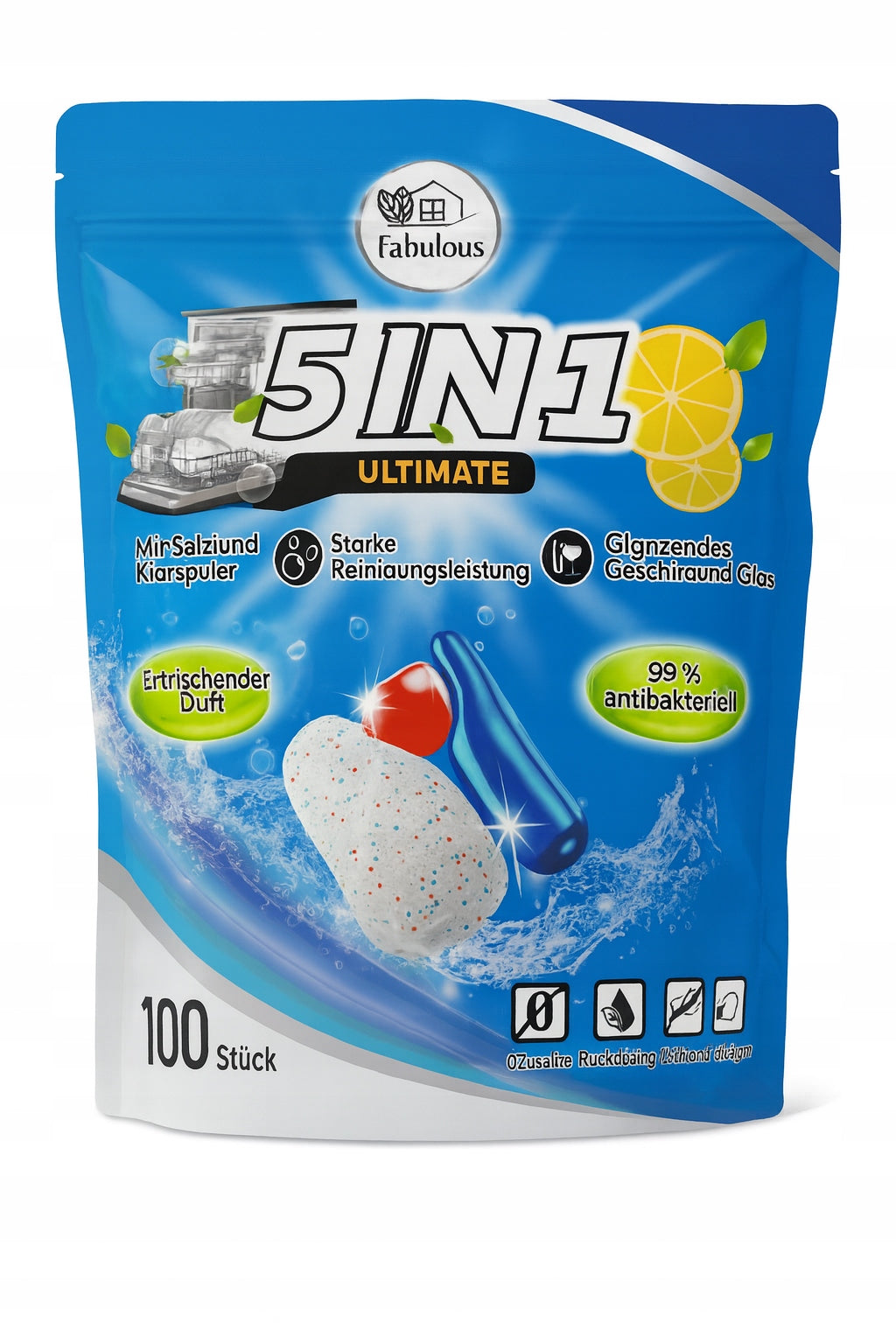 FABULOUS 5IN1 ULTIMATE DISHWASHER TABLETS 100 PCS. 99,9% ANTIBACTERIAL