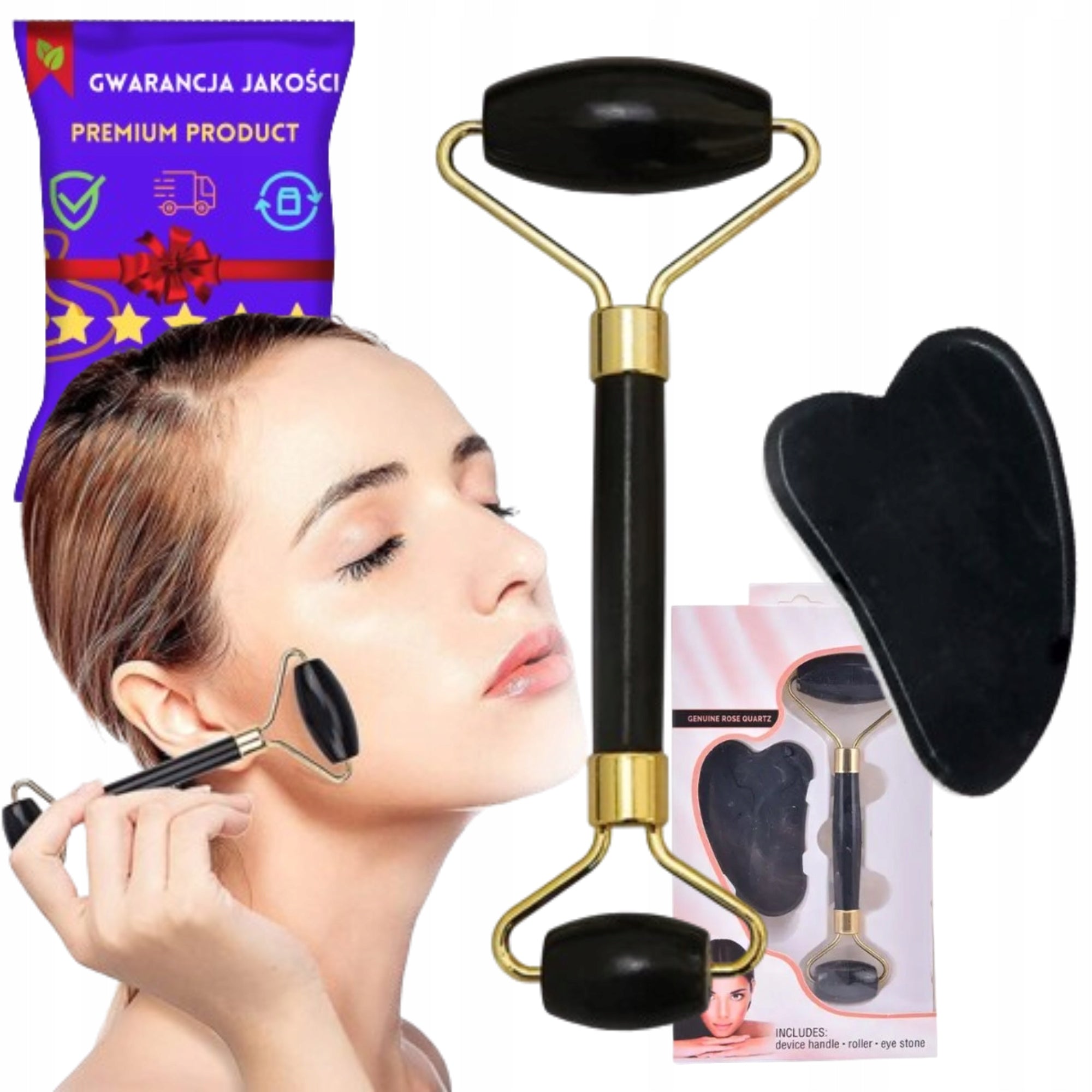 FACE ROLLER + GUA SHA + BOX - BLACK - FOR GIFT Batteries included no