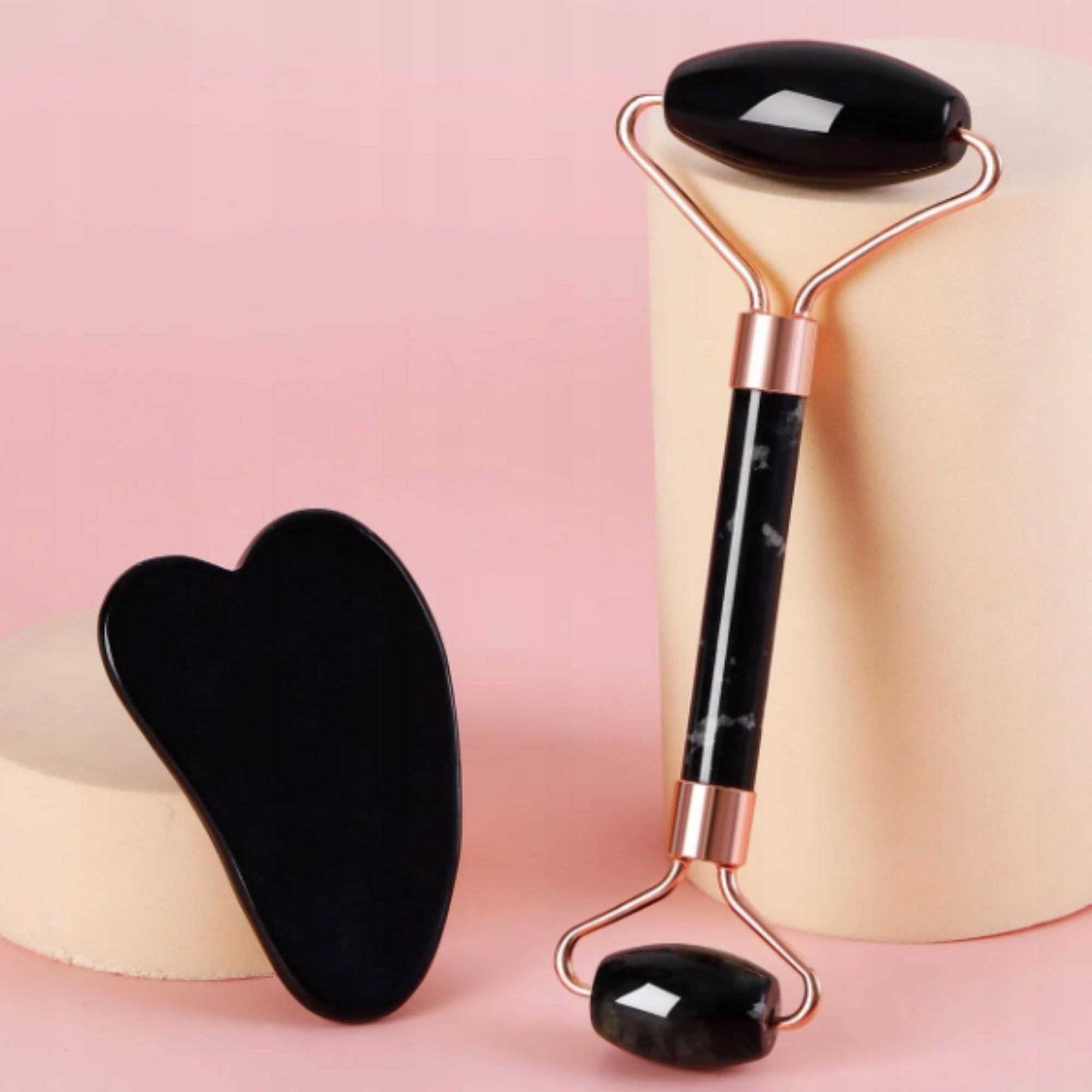 FACE ROLLER + GUA SHA + BOX - BLACK - FOR GIFT Color black