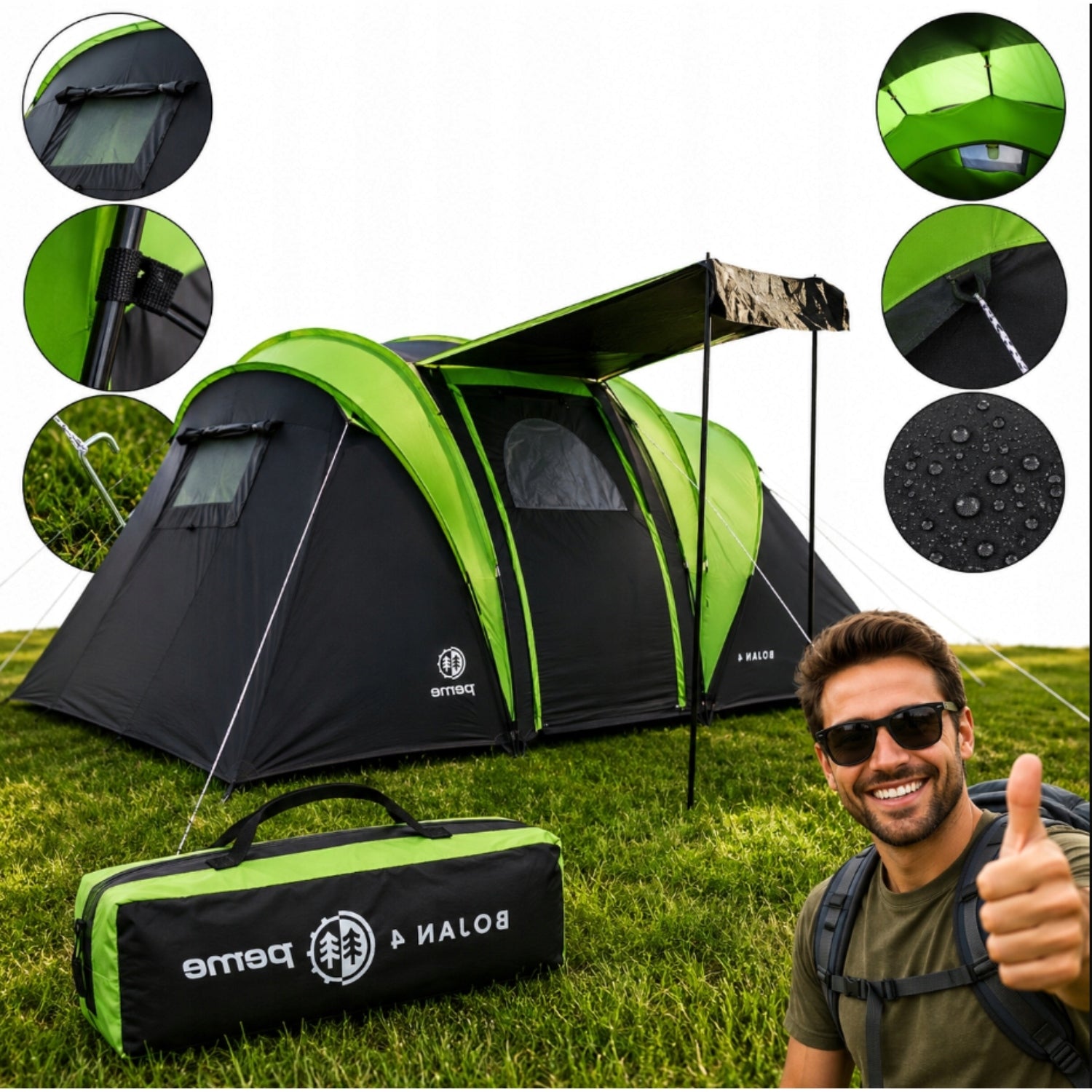 FAMILY TENT 2+2 LARGE TOURIST WATERPROOF 2 BEDROOMS CAMPING PEME