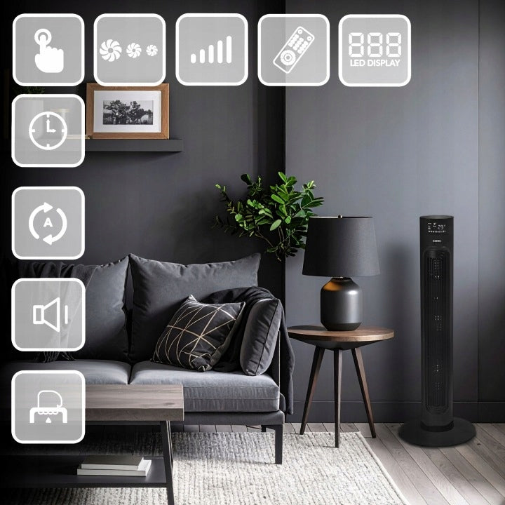 FAN COLUMN FAN STANDING QUIET FOR BEDROOM HOME FLOOR REMOTE CONTROL Model Wentylator kolumnowy EBERG AIRO 85 XXL wydajny LED