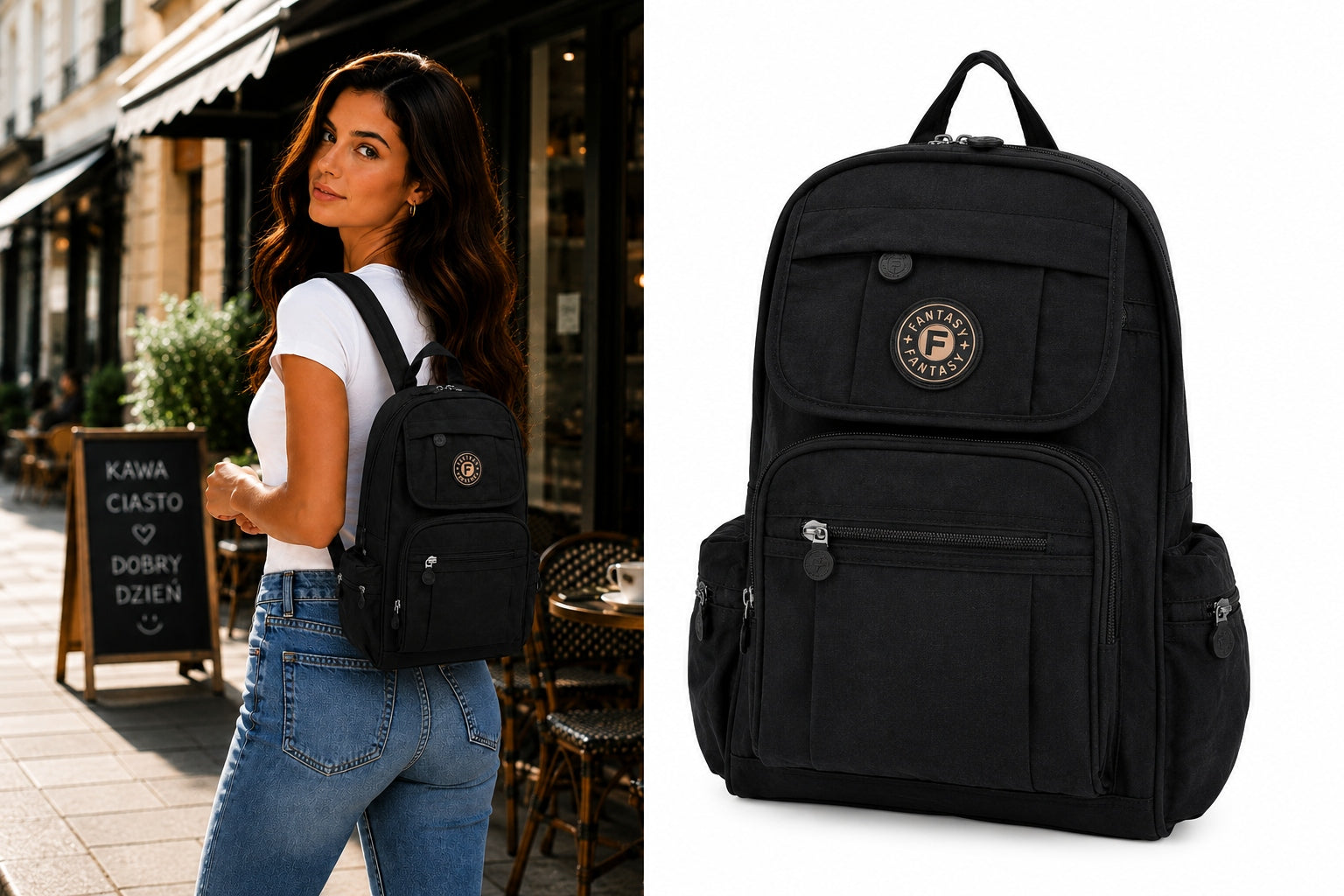 FANTASY A4 women's city backpack for trip, school, work black