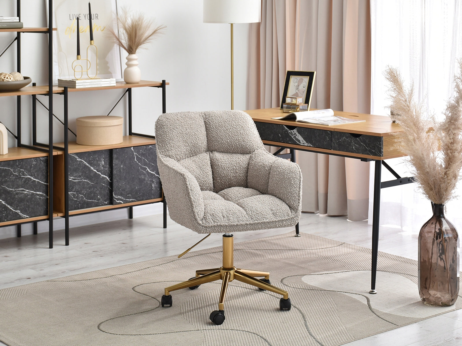 FASHIONABLE BEIGE ARMCHAIR IN GLAMOUR STYLE ISLA BOUCLE FABRIC ON A GOLD BASE Brand Mebel-Partner